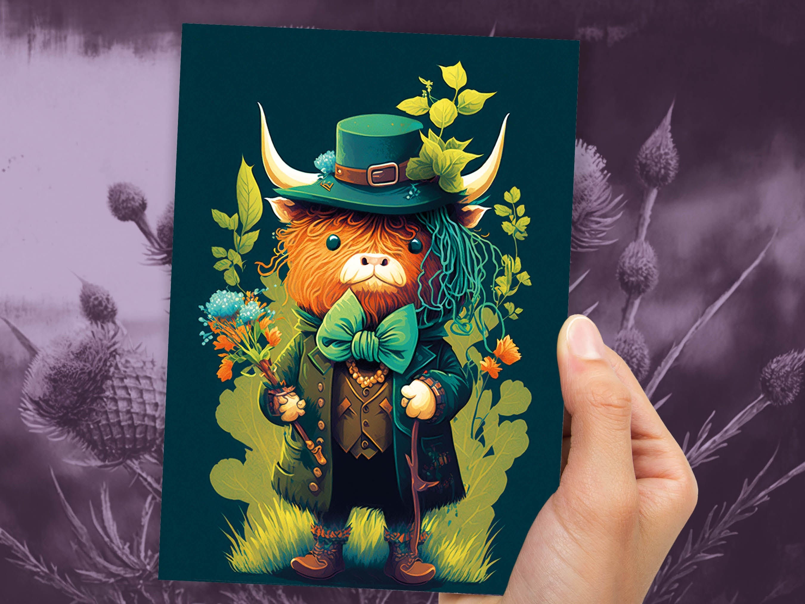 Scottish Leprechaun Highland Cow Card Luck of the Irish Green Suit Bouquet Flowers Fun Animal Humorous Birthday St. Patrick's Day Thanks BFF - View 9