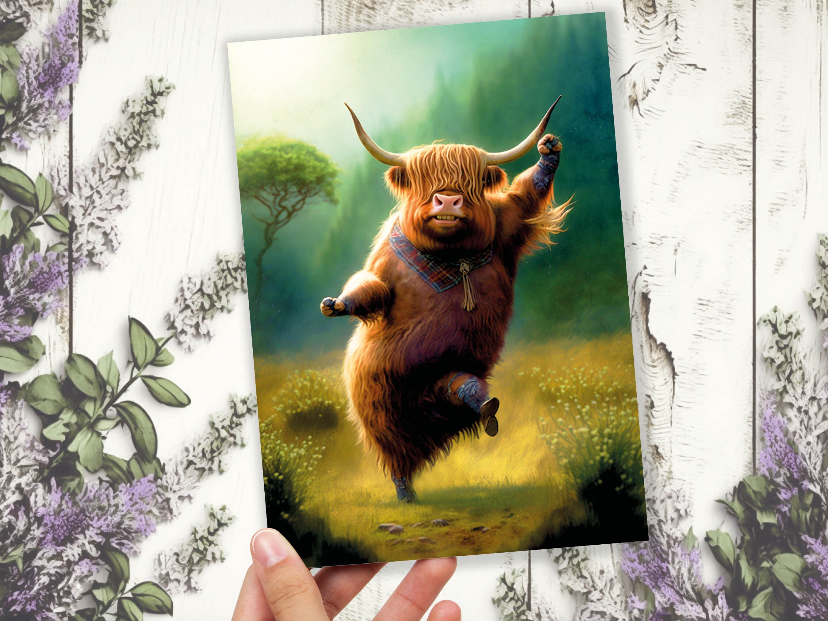 Highland Cow Punching the Air Victory Dance Card for New Job Congrats Graduation Well Done Congratulations Celebrate Scottish Jog Heilan Coo - View 4