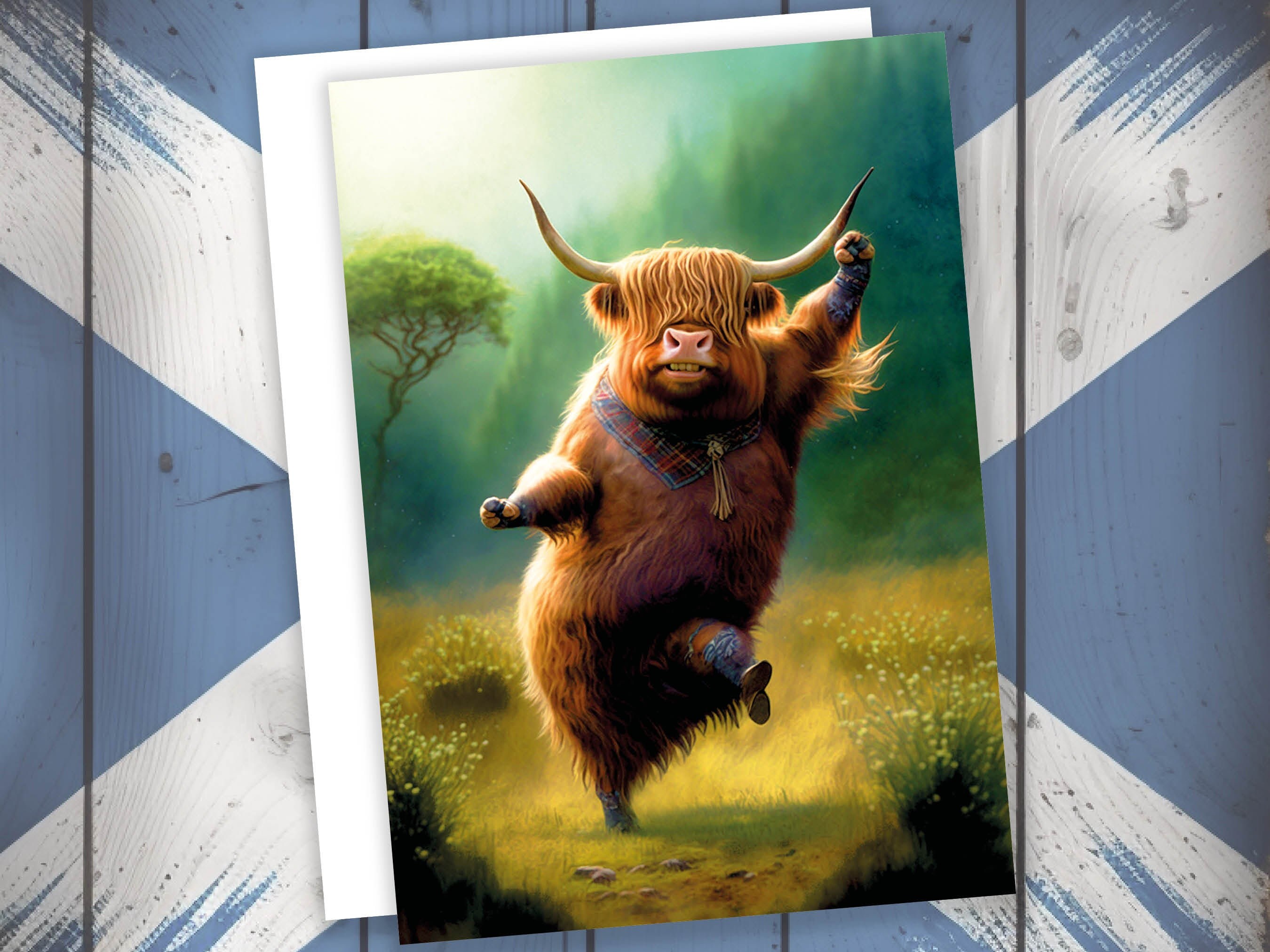 Highland Cow Punching the Air Victory Dance Card for New Job Congrats Graduation Well Done Congratulations Celebrate Scottish Jog Heilan Coo - View 6