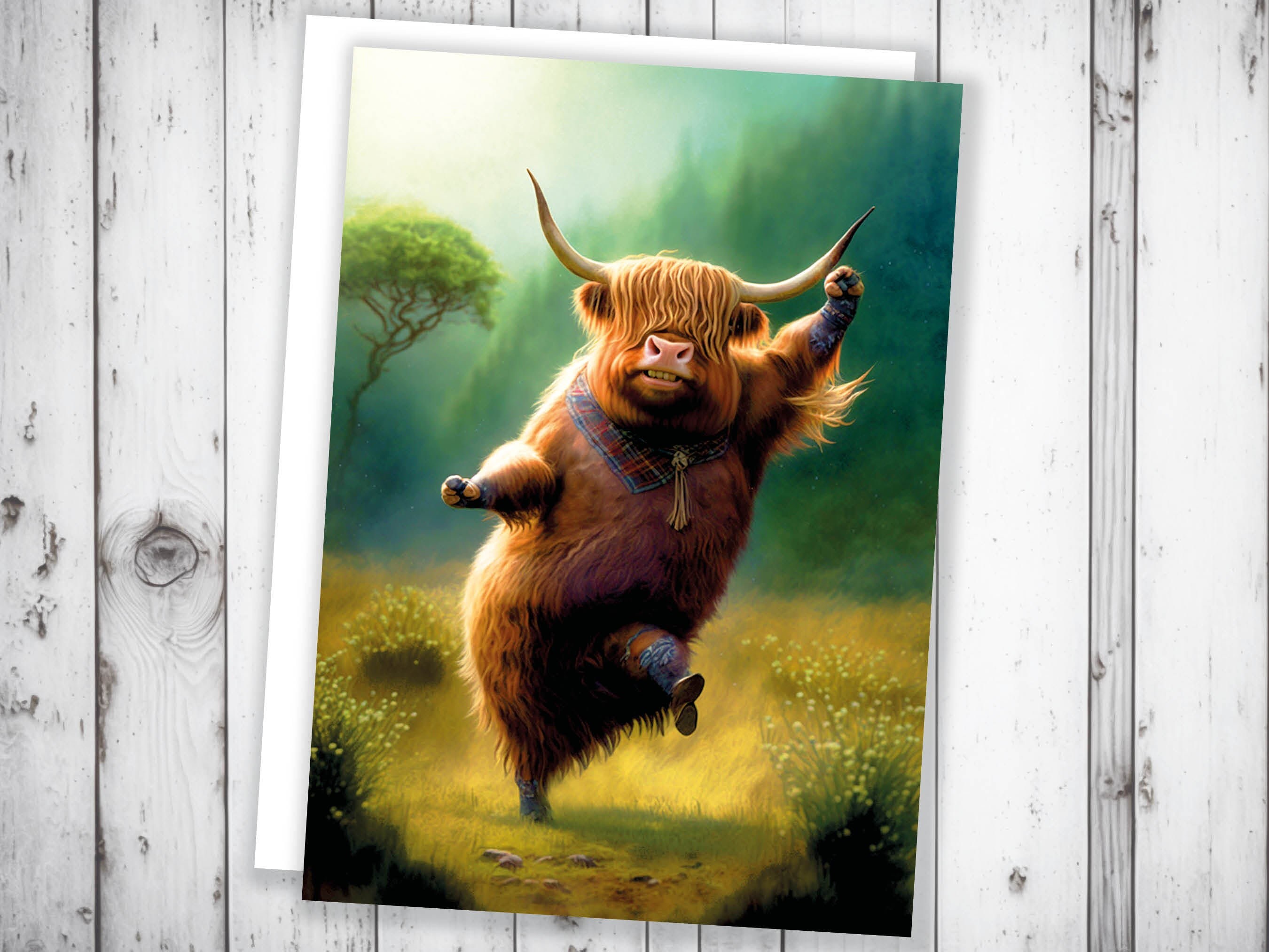 Highland Cow Punching the Air Victory Dance Card for New Job Congrats Graduation Well Done Congratulations Celebrate Scottish Jog Heilan Coo - View 7