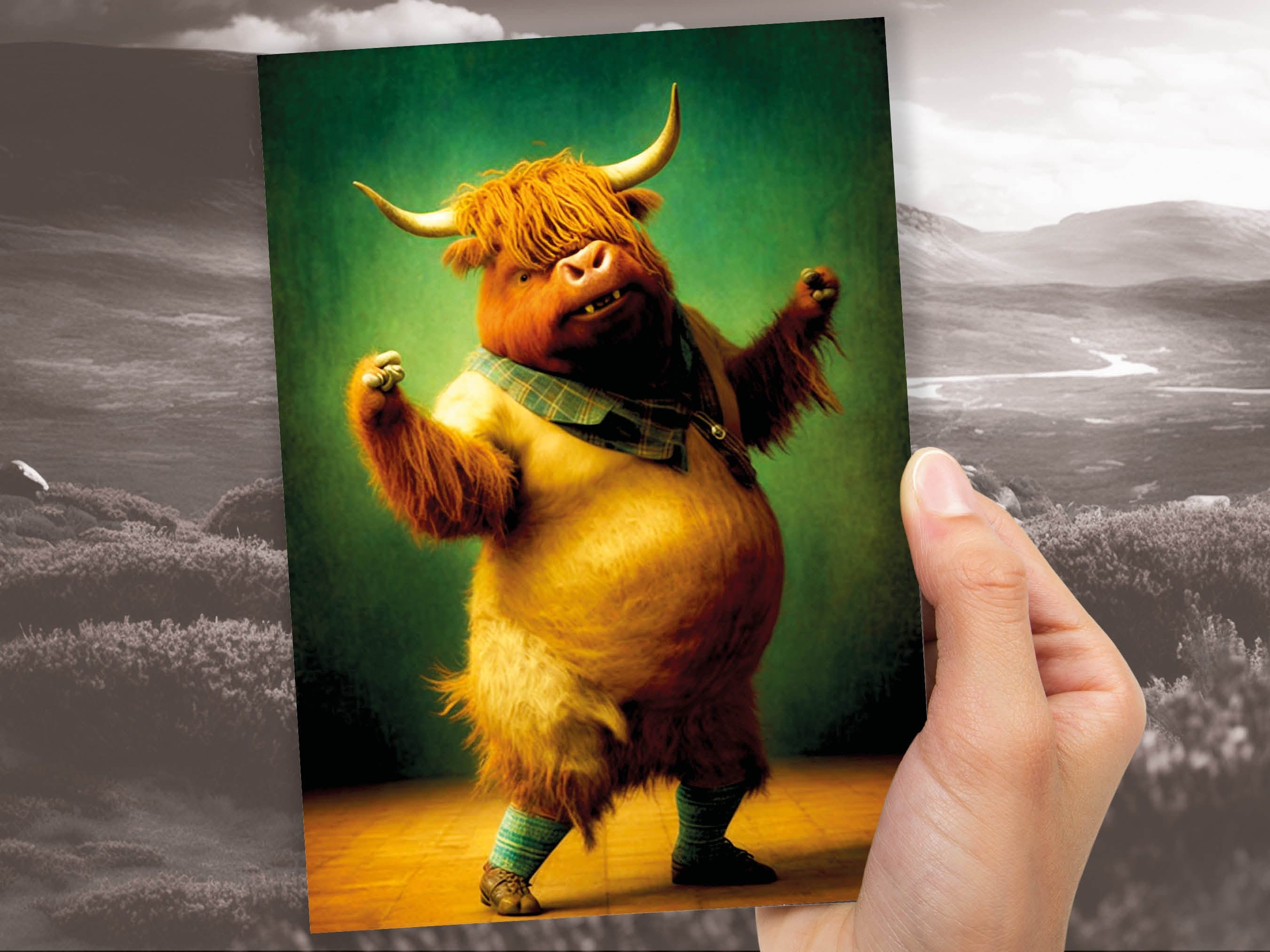 Highland Cow Celebrating Achievement Card Well Done Congrats Flexing Muscles Dancing Bodybuilding Pose Strength Encouragement You Got This