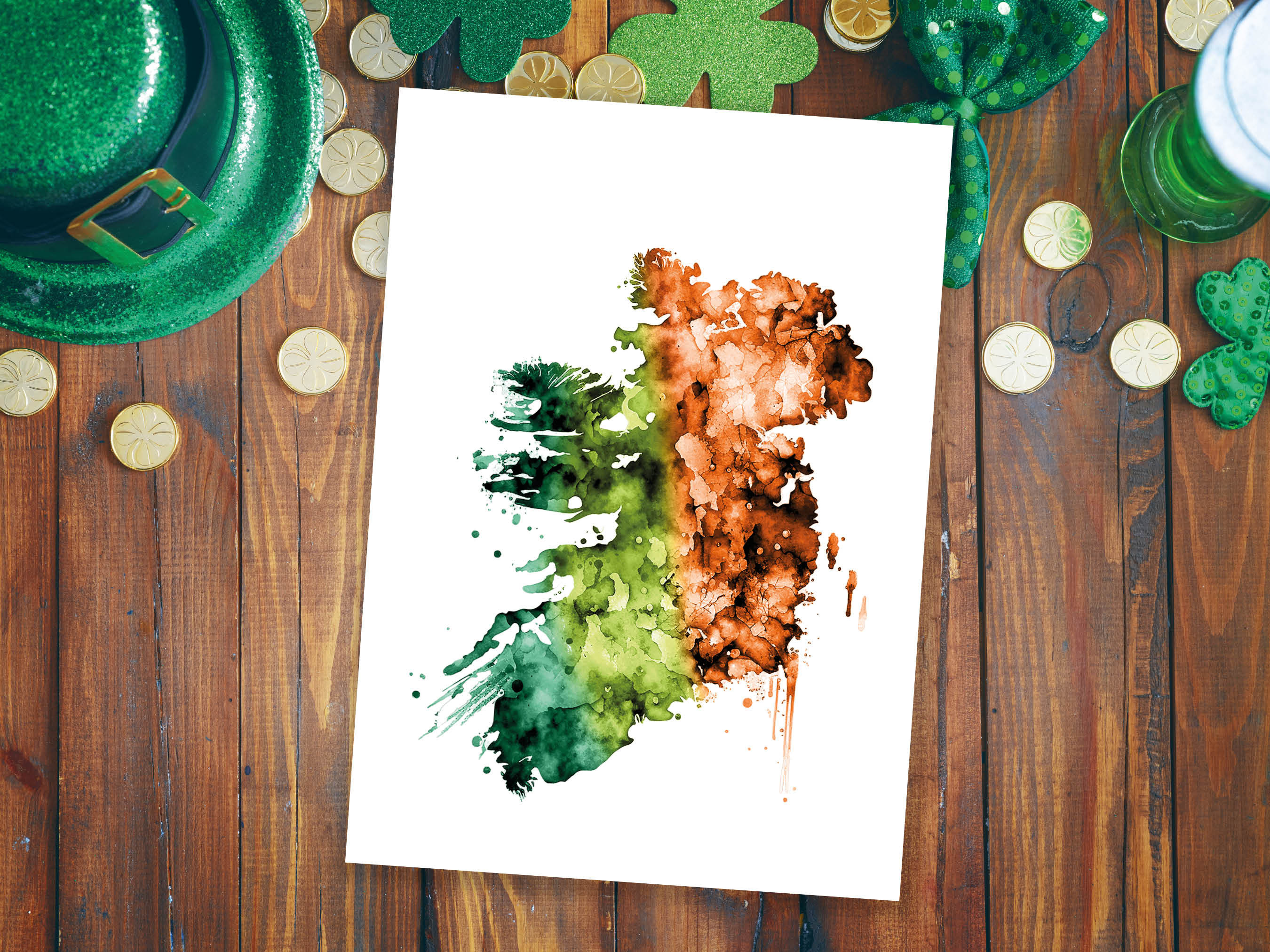 Watercolour Map of Ireland Greeting Card St. Patrick's Day Cards for Irish Friend Moving Travelling Emerald Isle Green Orange Flag Colours