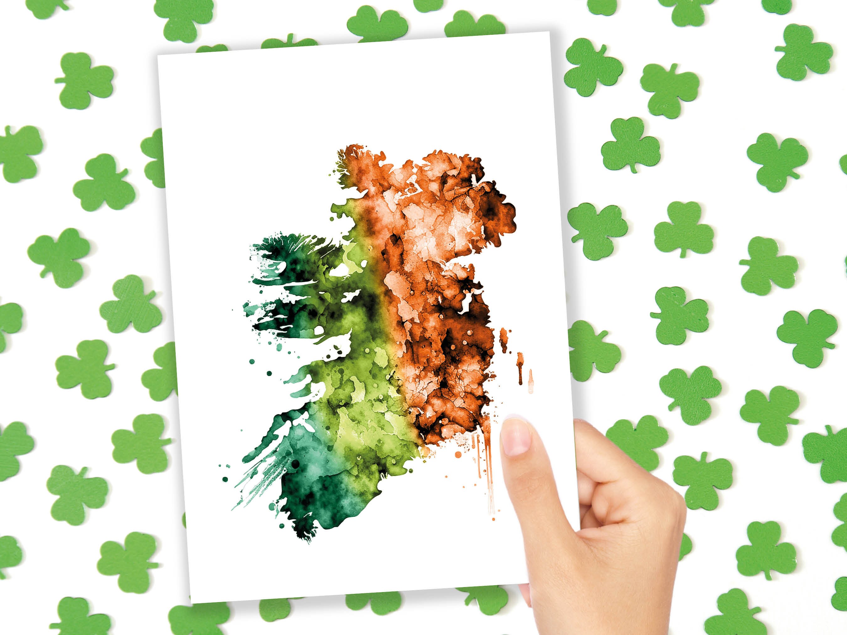 Watercolour Map of Ireland Greeting Card St. Patrick's Day Cards for Irish Friend Moving Travelling Emerald Isle Green Orange Flag Colours - View 3