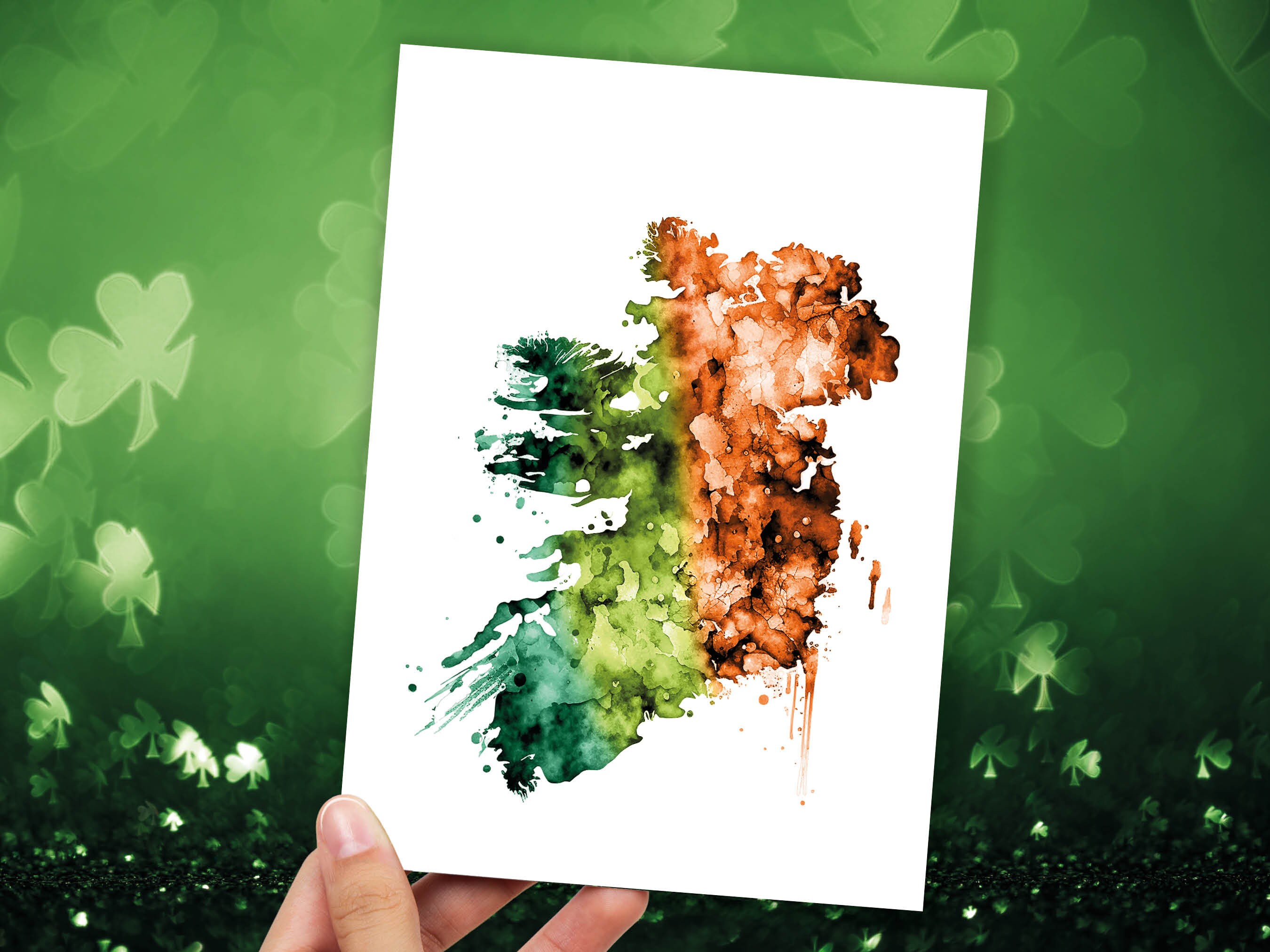 Watercolour Map of Ireland Greeting Card St. Patrick's Day Cards for Irish Friend Moving Travelling Emerald Isle Green Orange Flag Colours - View 4