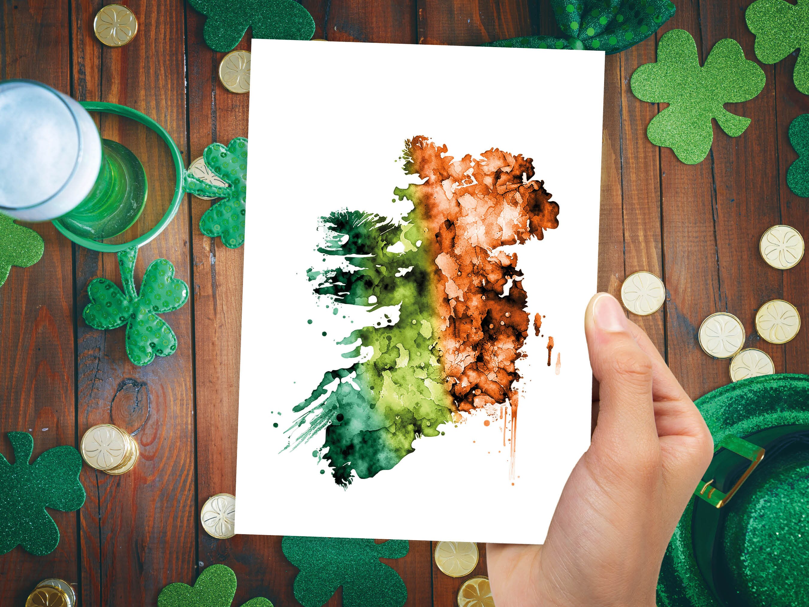 Watercolour Map of Ireland Greeting Card St. Patrick's Day Cards for Irish Friend Moving Travelling Emerald Isle Green Orange Flag Colours - View 8