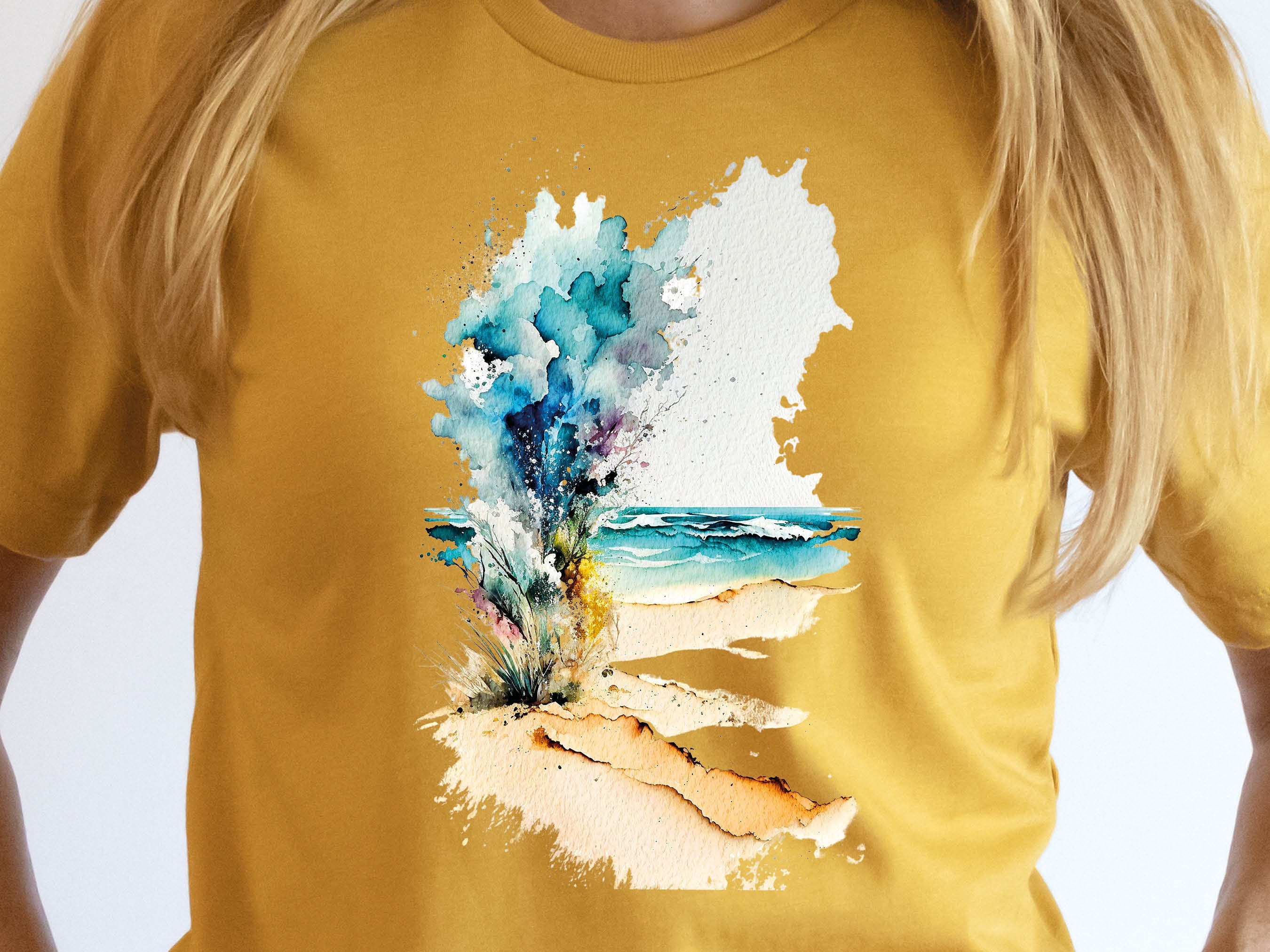 Abstract Beach T-Shirt Watercolour Painting Vacation Holiday Travel Shirt for Women & Men Cool Traveling Summer Landscape Seaside Tee Gifts