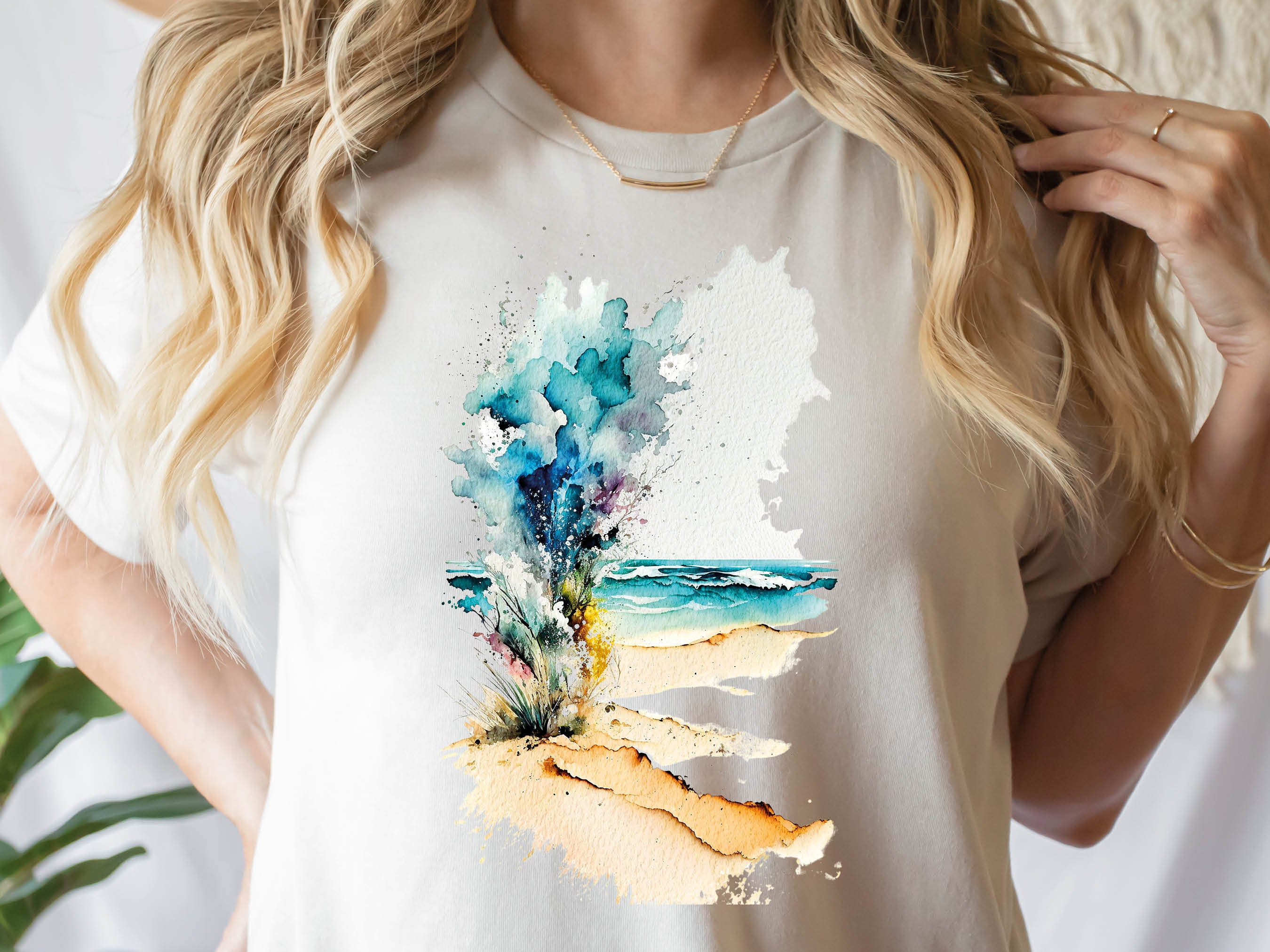 Abstract Beach T-Shirt Watercolour Painting Vacation Holiday Travel Shirt for Women & Men Cool Traveling Summer Landscape Seaside Tee Gifts - View 3