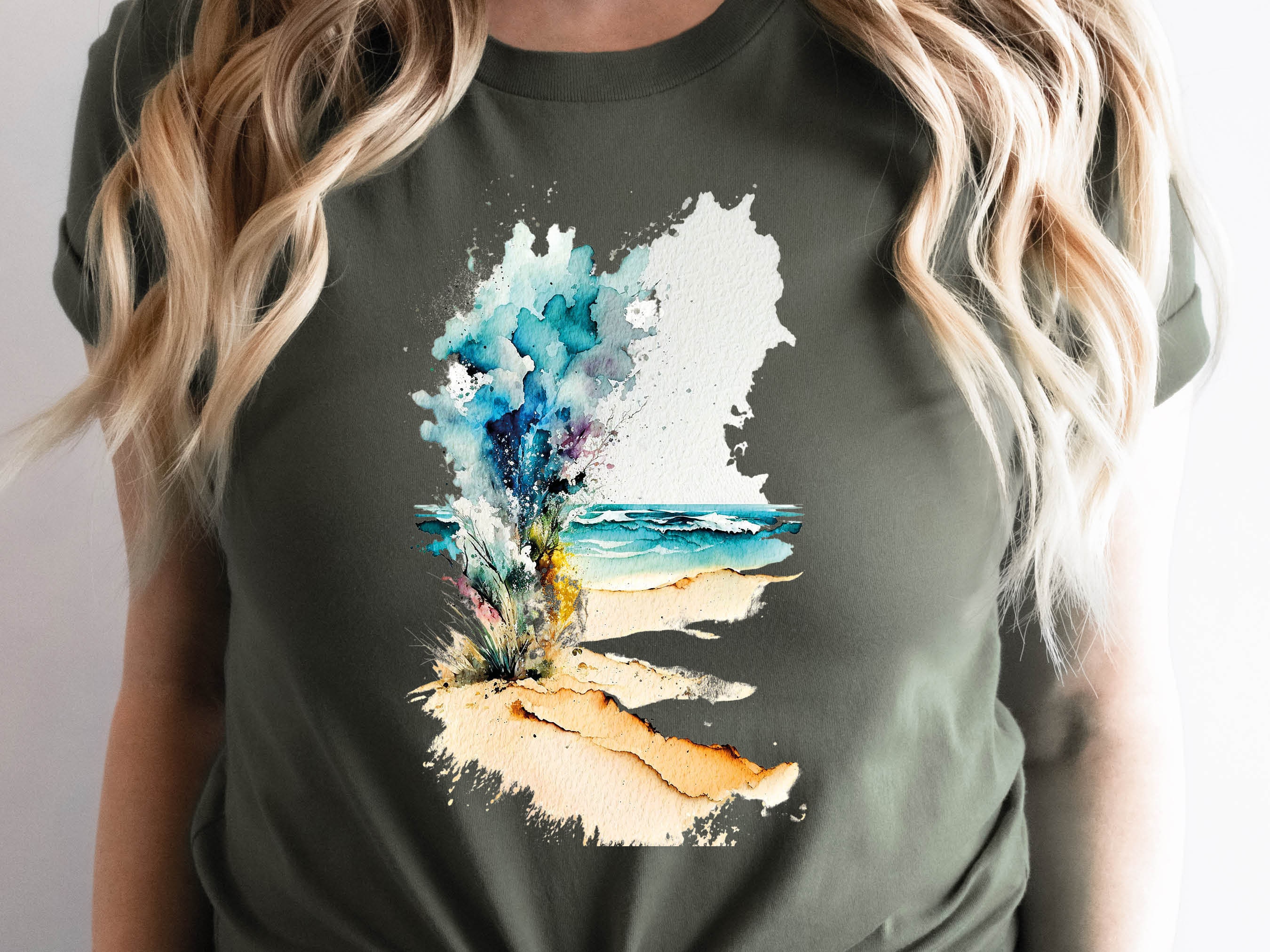 Abstract Beach T-Shirt Watercolour Painting Vacation Holiday Travel Shirt for Women & Men Cool Traveling Summer Landscape Seaside Tee Gifts - View 4