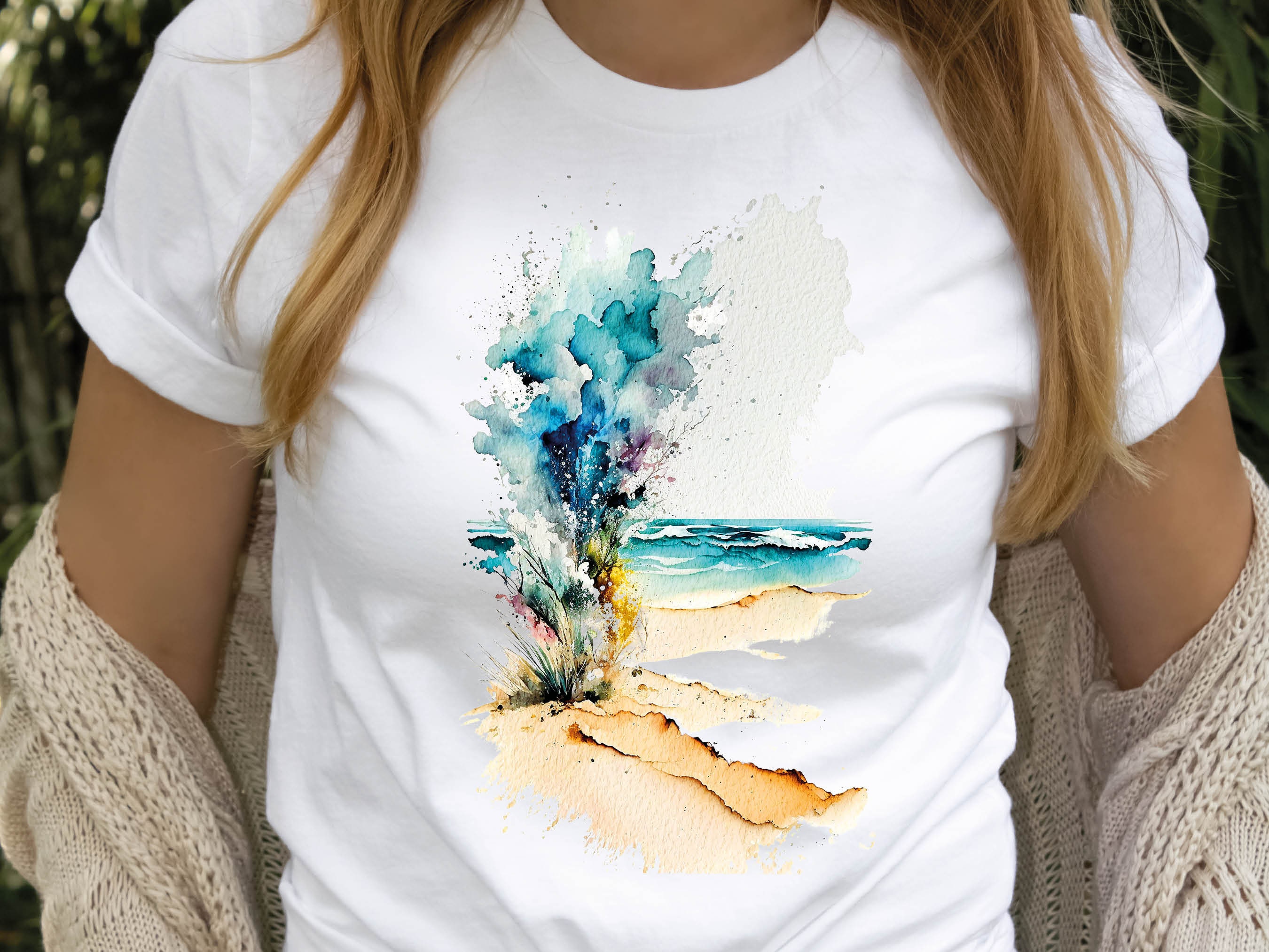 Abstract Beach T-Shirt Watercolour Painting Vacation Holiday Travel Shirt for Women & Men Cool Traveling Summer Landscape Seaside Tee Gifts - View 5