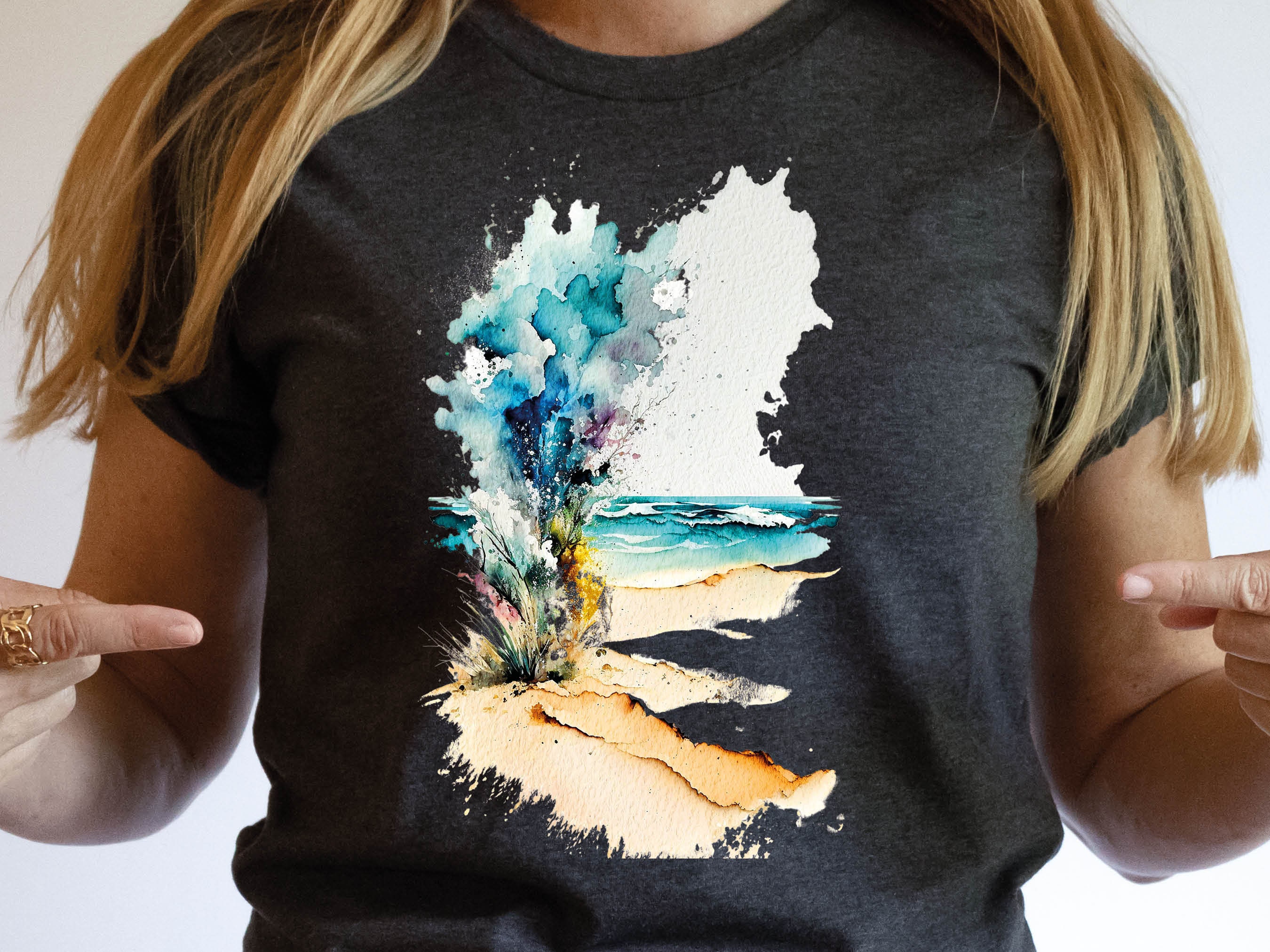 Abstract Beach T-Shirt Watercolour Painting Vacation Holiday Travel Shirt for Women & Men Cool Traveling Summer Landscape Seaside Tee Gifts - View 6