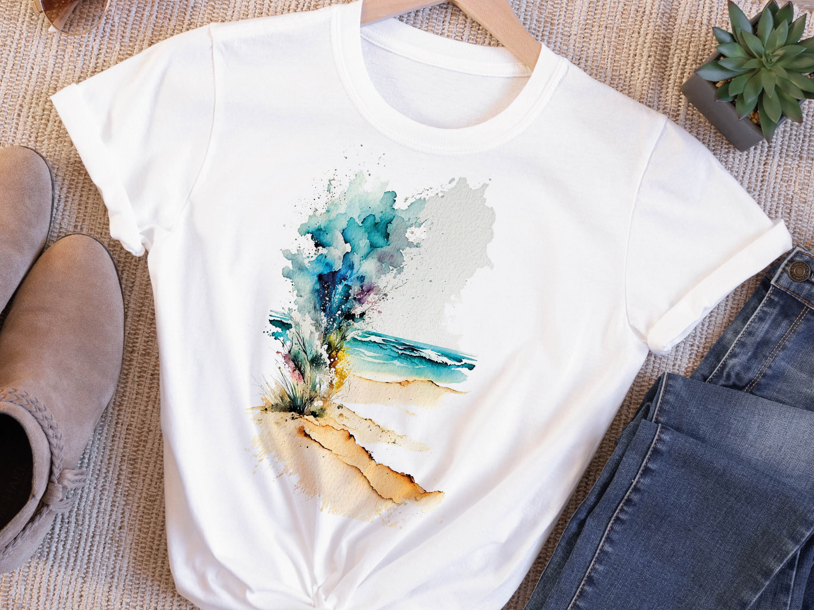 Abstract Beach T-Shirt Watercolour Painting Vacation Holiday Travel Shirt for Women & Men Cool Traveling Summer Landscape Seaside Tee Gifts - View 7