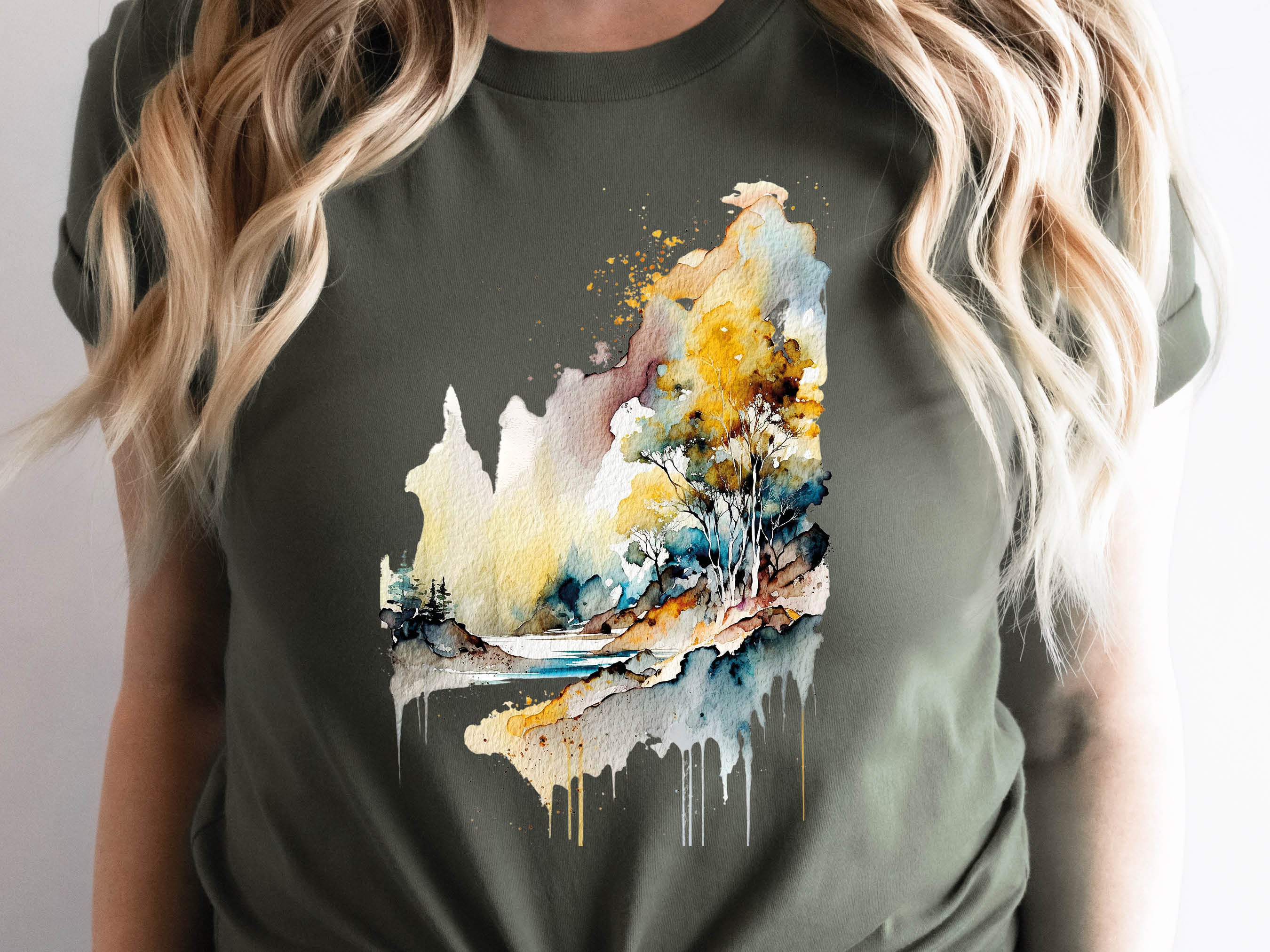 Abstract Landscape Shirt Watercolour Painting River Scene Cool Travel Camping Hiking Summer Art Gifts Unisex T-Shirt for Men and Women Art