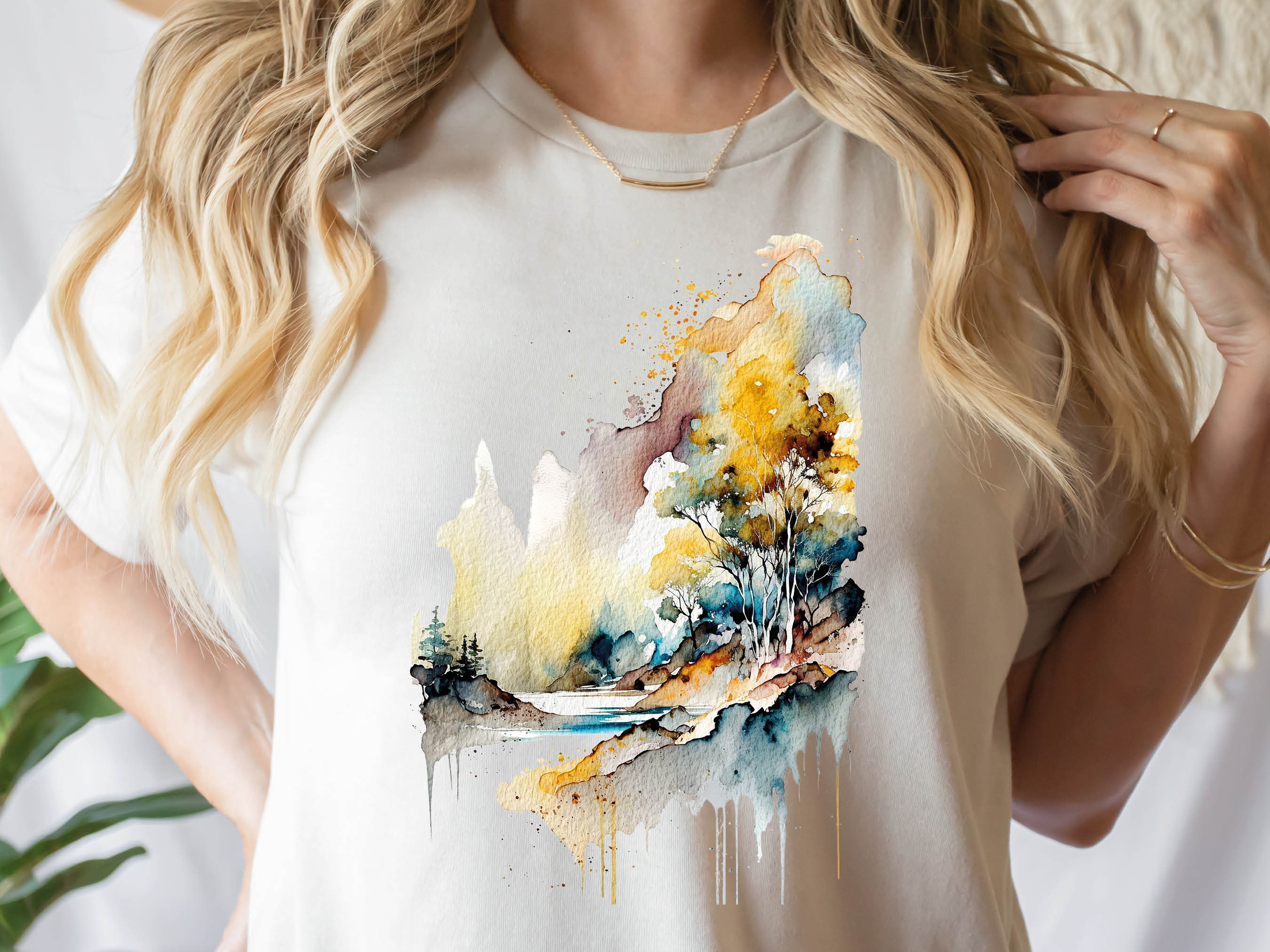 Abstract Landscape Shirt Watercolour Painting River Scene Cool Travel Camping Hiking Summer Art Gifts Unisex T-Shirt for Men and Women Art - View 3