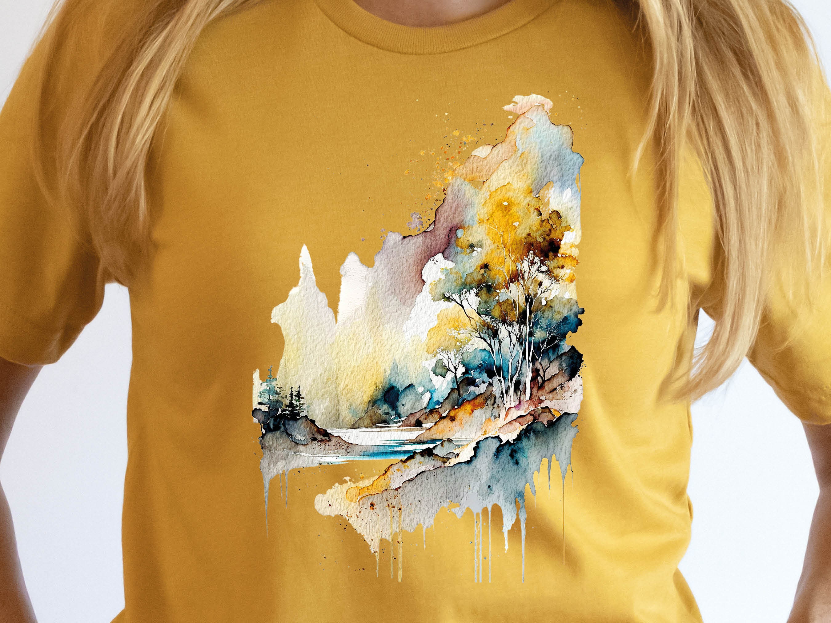 Abstract Landscape Shirt Watercolour Painting River Scene Cool Travel Camping Hiking Summer Art Gifts Unisex T-Shirt for Men and Women Art - View 4