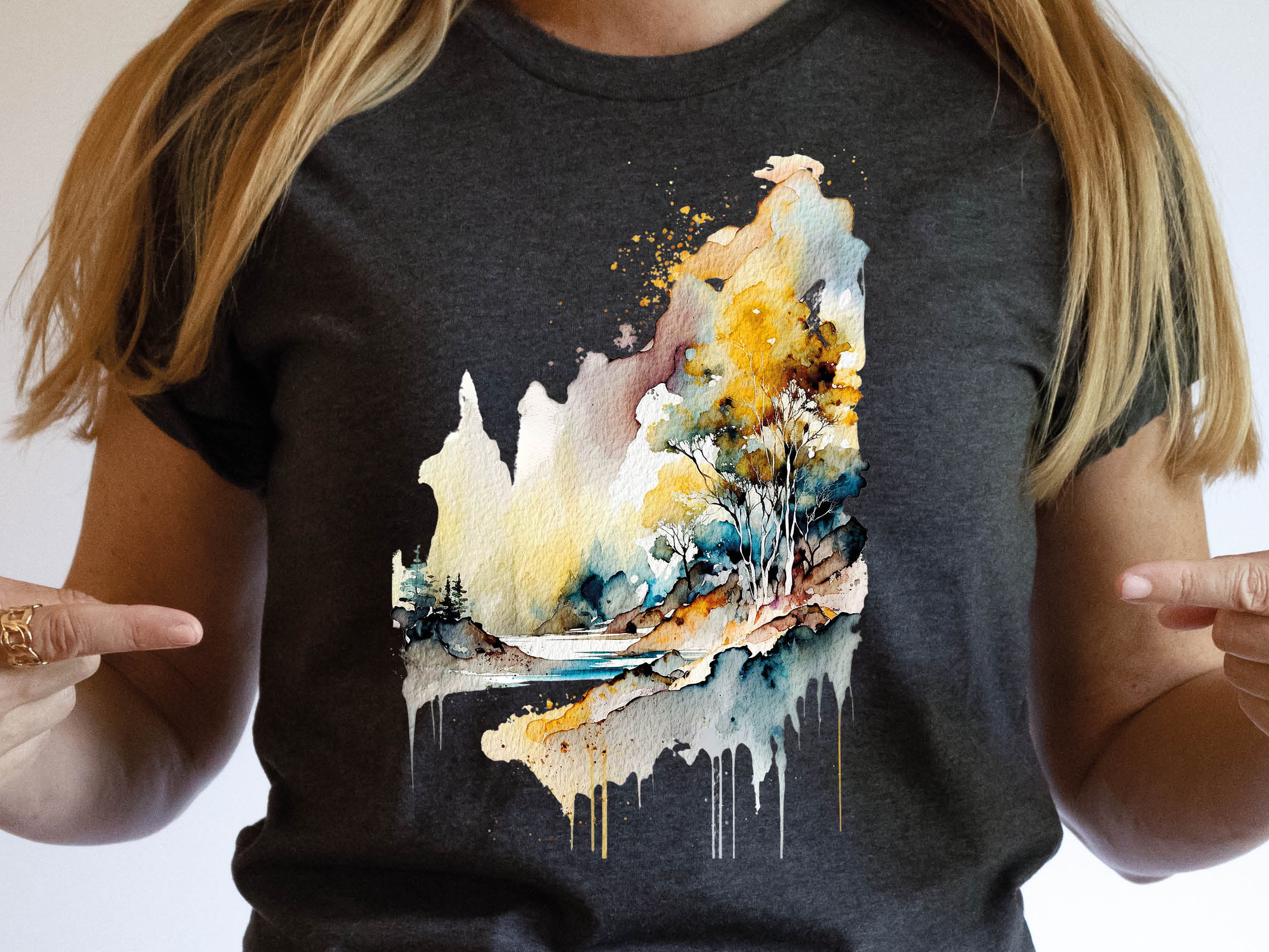 Abstract Landscape Shirt Watercolour Painting River Scene Cool Travel Camping Hiking Summer Art Gifts Unisex T-Shirt for Men and Women Art - View 5