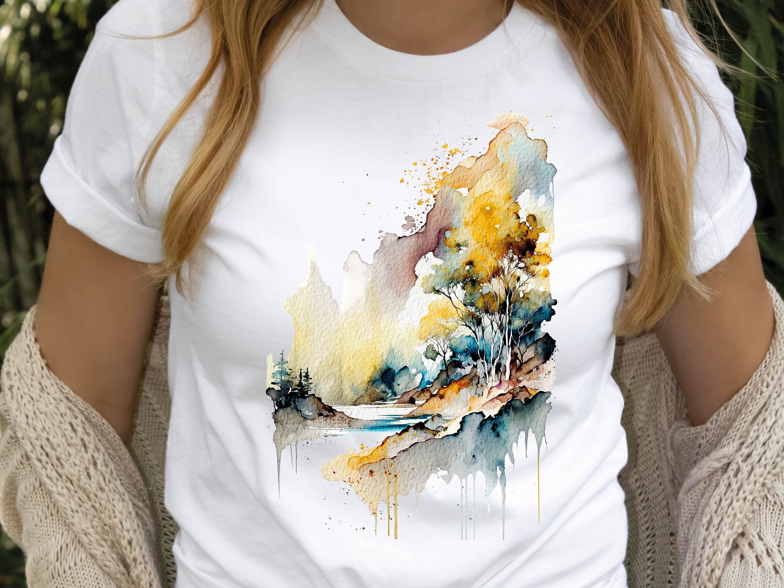 Abstract Landscape Shirt Watercolour Painting River Scene Cool Travel Camping Hiking Summer Art Gifts Unisex T-Shirt for Men and Women Art - View 6