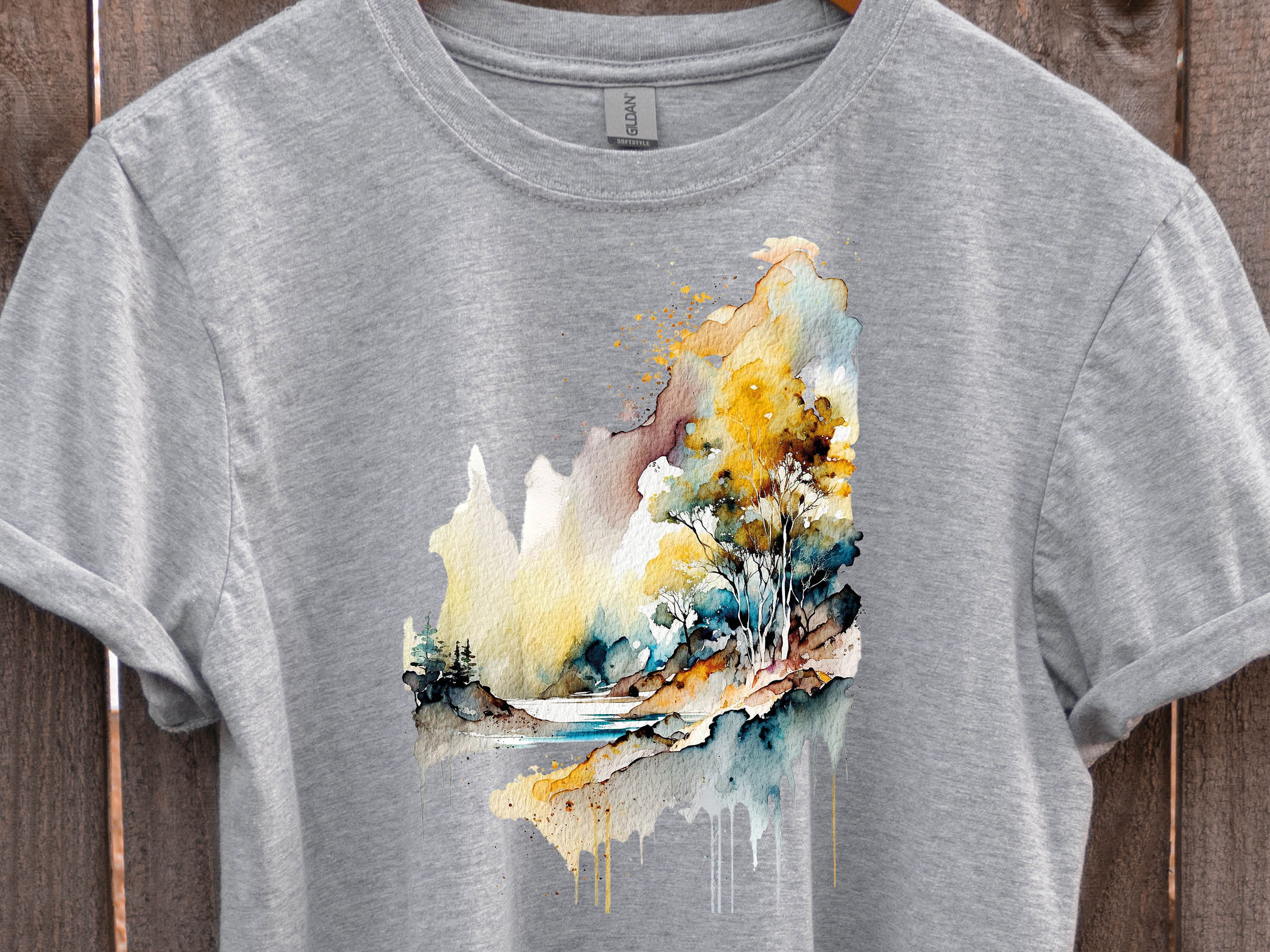 Abstract Landscape Shirt Watercolour Painting River Scene Cool Travel Camping Hiking Summer Art Gifts Unisex T-Shirt for Men and Women Art - View 7