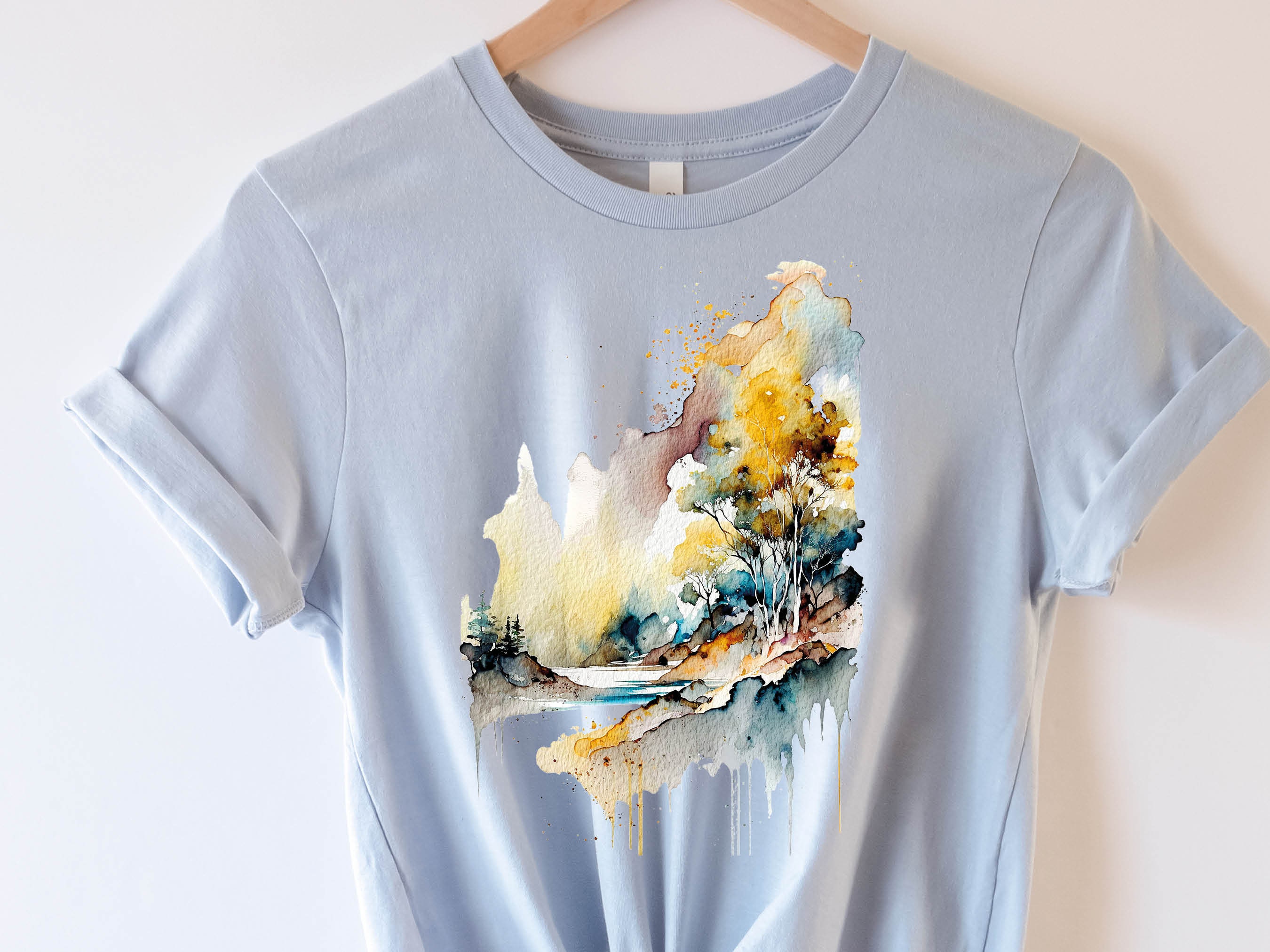 Abstract Landscape Shirt Watercolour Painting River Scene Cool Travel Camping Hiking Summer Art Gifts Unisex T-Shirt for Men and Women Art - View 8