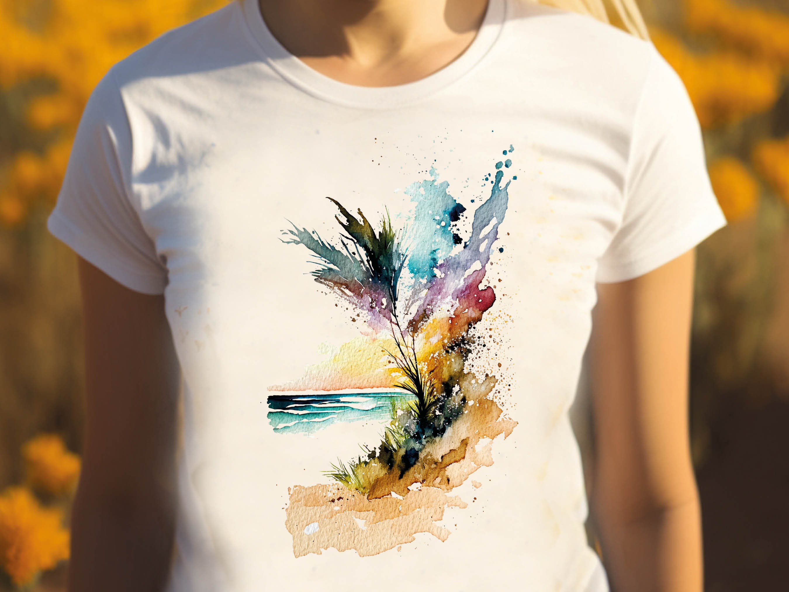 Beach Themed T-Shirt Summer Watercolour Abstract Painting Shirt Holiday Vacation Tee Sun Sea Sand Waves Seaside Landscape Scene Unisex Women - View 6