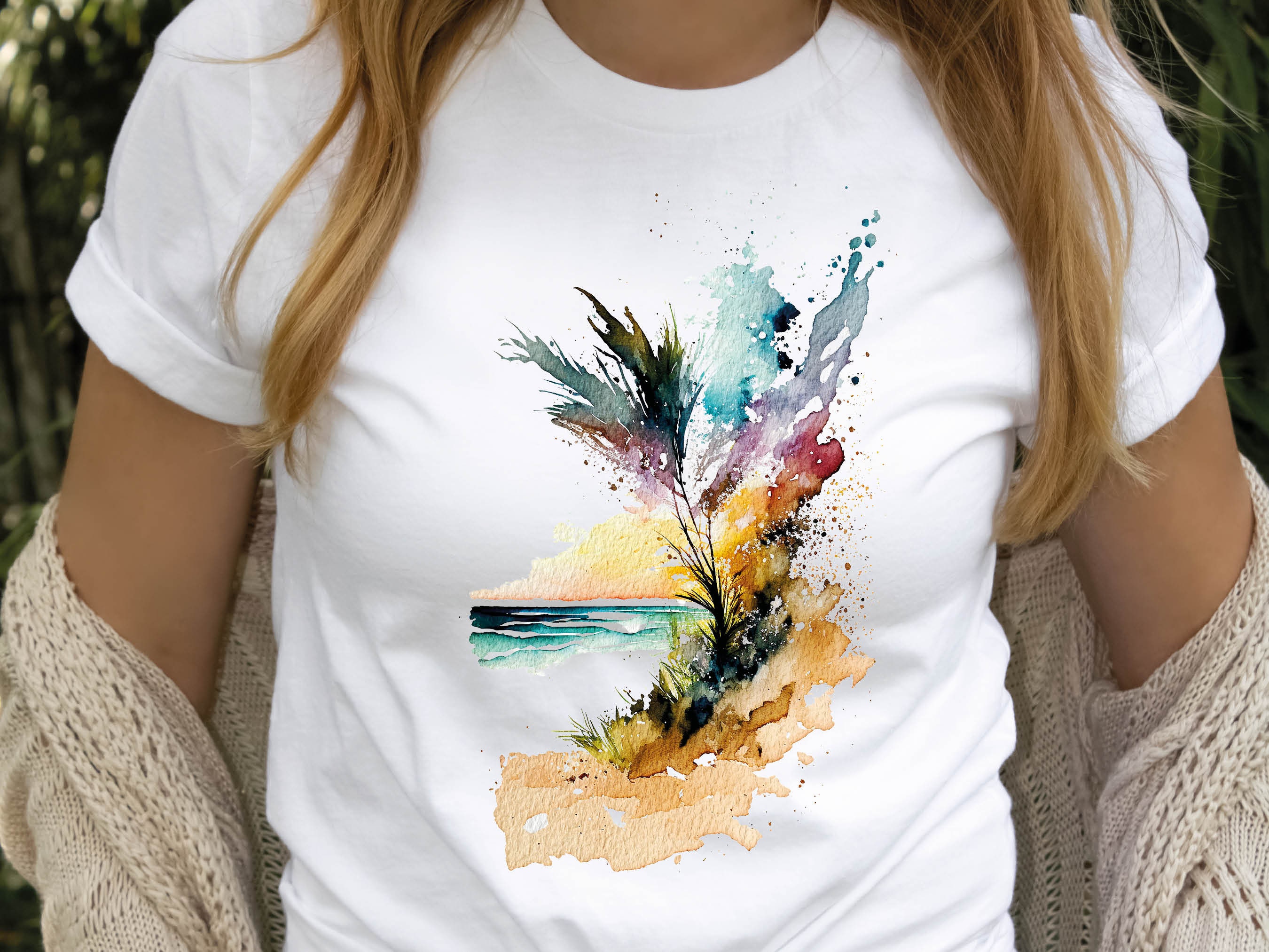 Beach Themed T-Shirt Summer Watercolour Abstract Painting Shirt Holiday Vacation Tee Sun Sea Sand Waves Seaside Landscape Scene Unisex Women