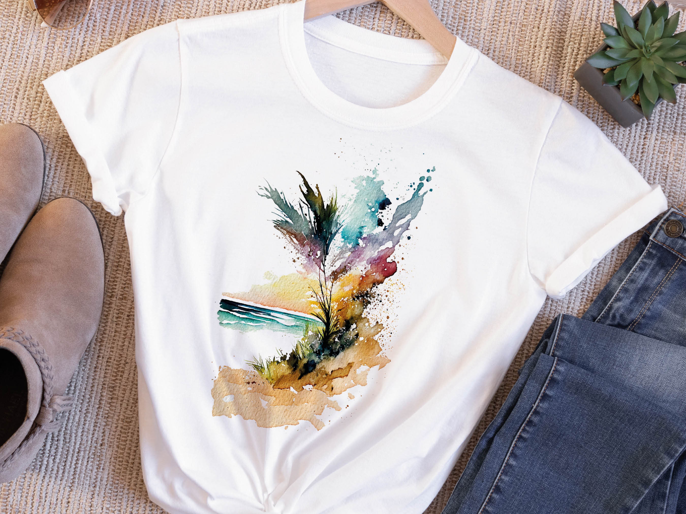 Beach Themed T-Shirt Summer Watercolour Abstract Painting Shirt Holiday Vacation Tee Sun Sea Sand Waves Seaside Landscape Scene Unisex Women - View 4