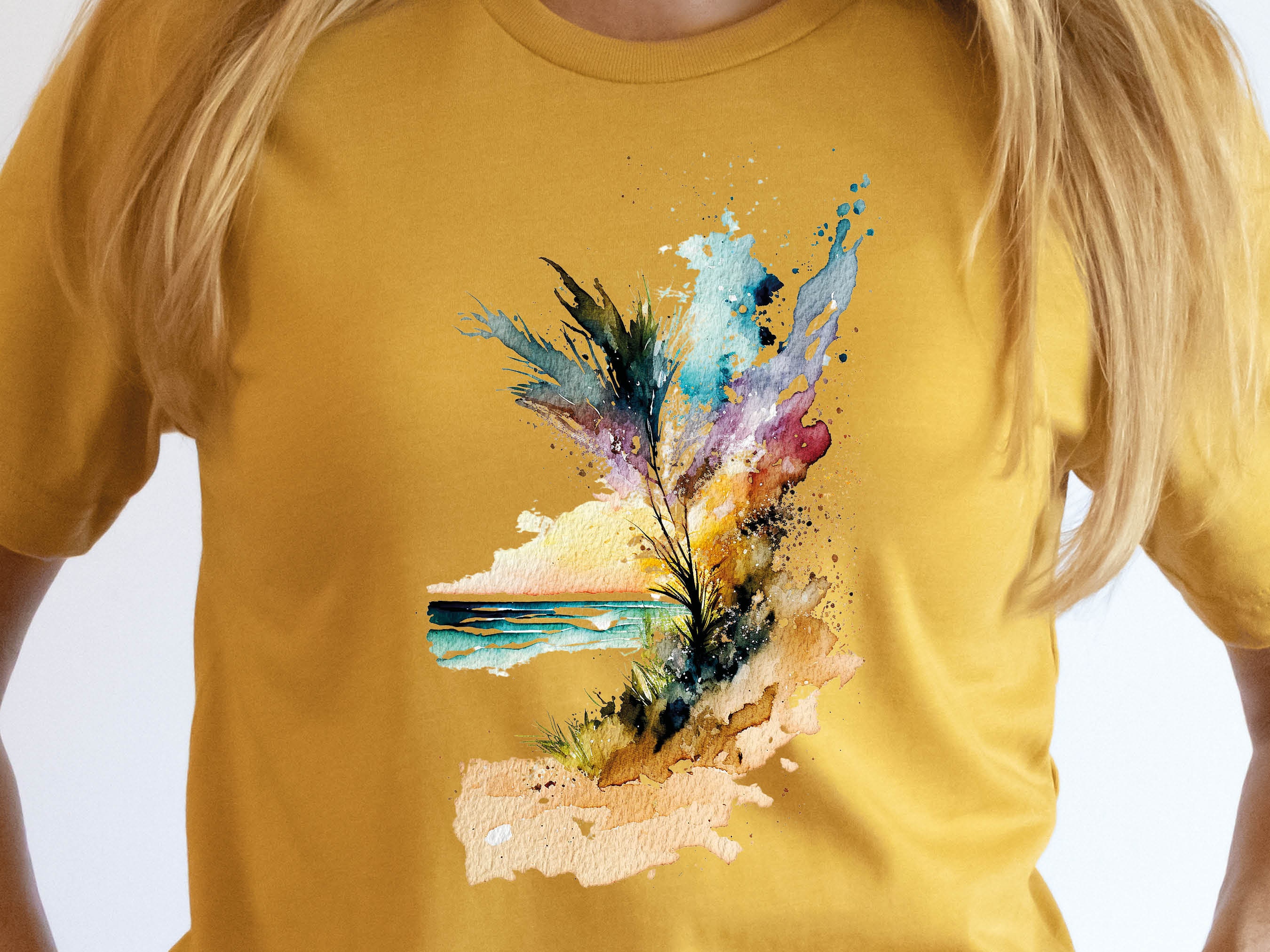 Beach Themed T-Shirt Summer Watercolour Abstract Painting Shirt Holiday Vacation Tee Sun Sea Sand Waves Seaside Landscape Scene Unisex Women - View 5