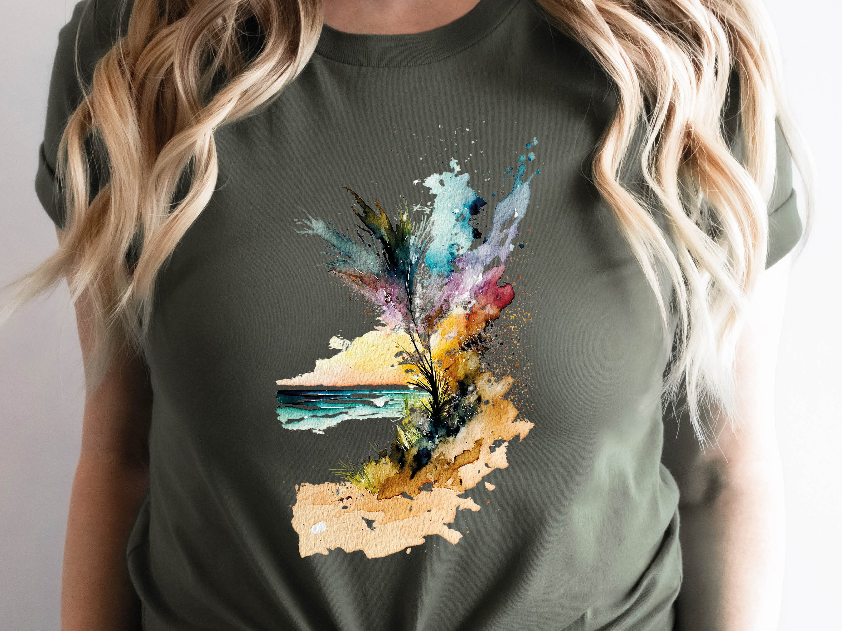 Beach Themed T-Shirt Summer Watercolour Abstract Painting Shirt Holiday Vacation Tee Sun Sea Sand Waves Seaside Landscape Scene Unisex Women - View 3