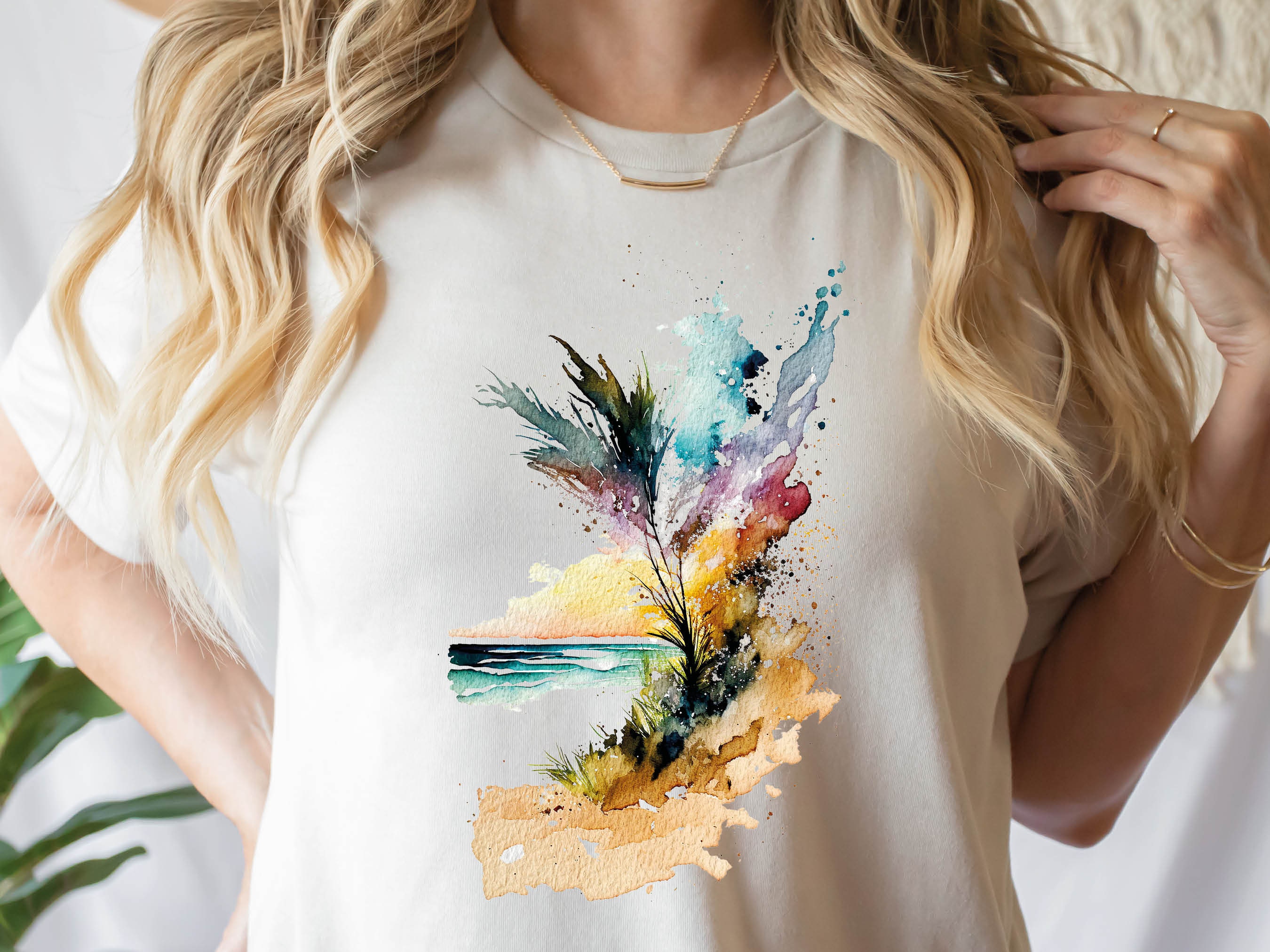 Beach Themed T-Shirt Summer Watercolour Abstract Painting Shirt Holiday Vacation Tee Sun Sea Sand Waves Seaside Landscape Scene Unisex Women - View 2