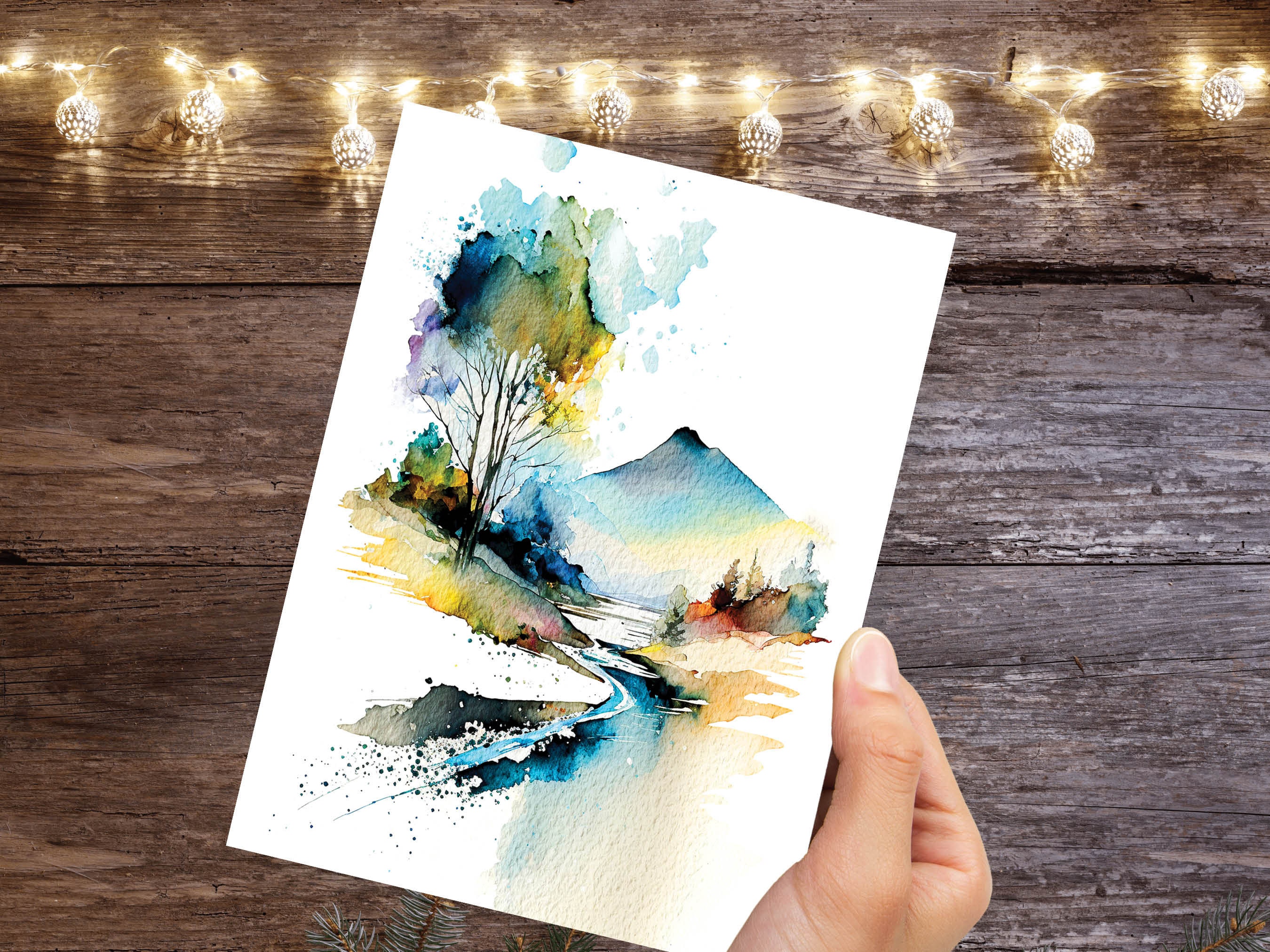 Mountain Card Watercolour Volcano Landscape Painting Scene Travel Nature Camping Adventure Thank You Bon Voyage Outdoors Hike Greeting Cards - View 6