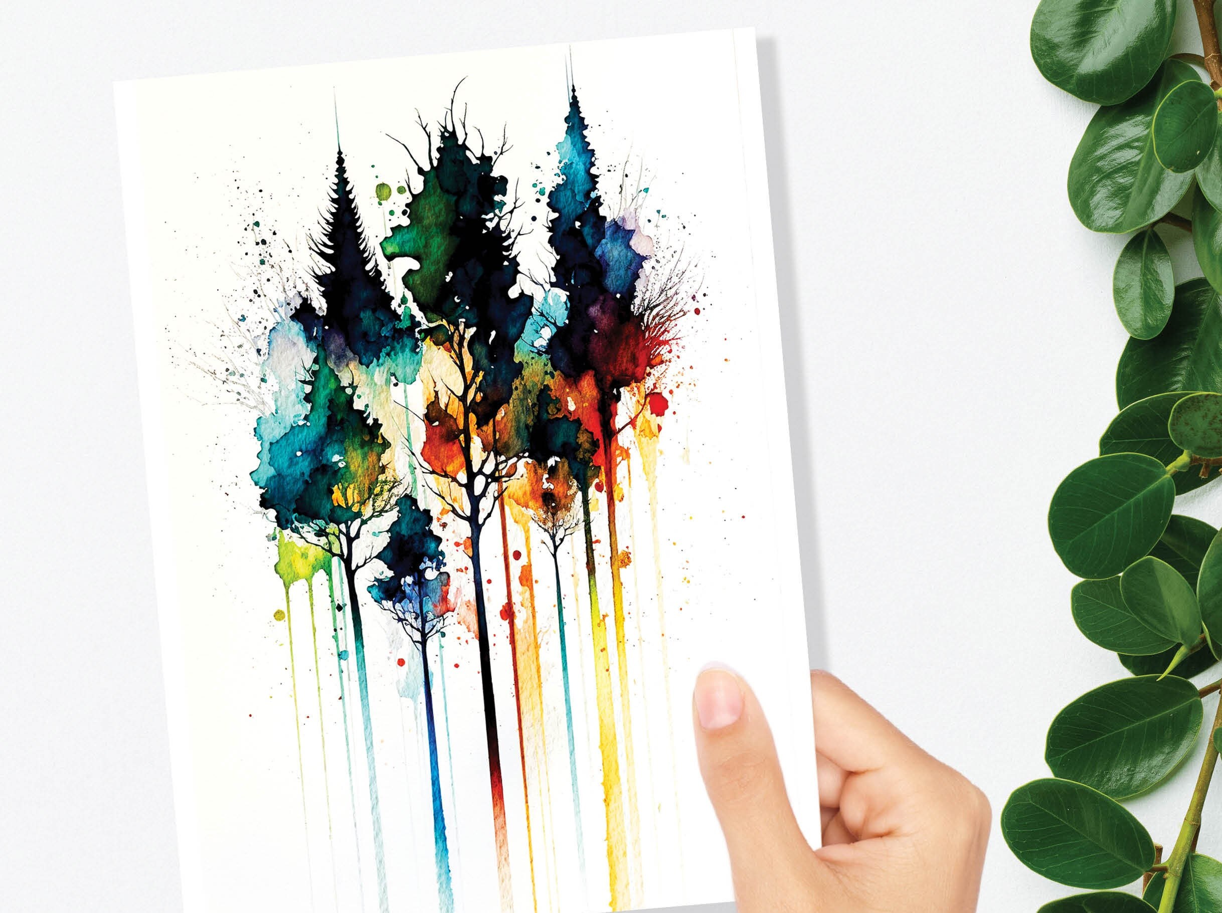 Watercolour Abstract Tree Card Colourful Art Pine Trees Painting Forest Trees Nature Lovers Greeting Cards Any Occasion Thank You BFF - View 10