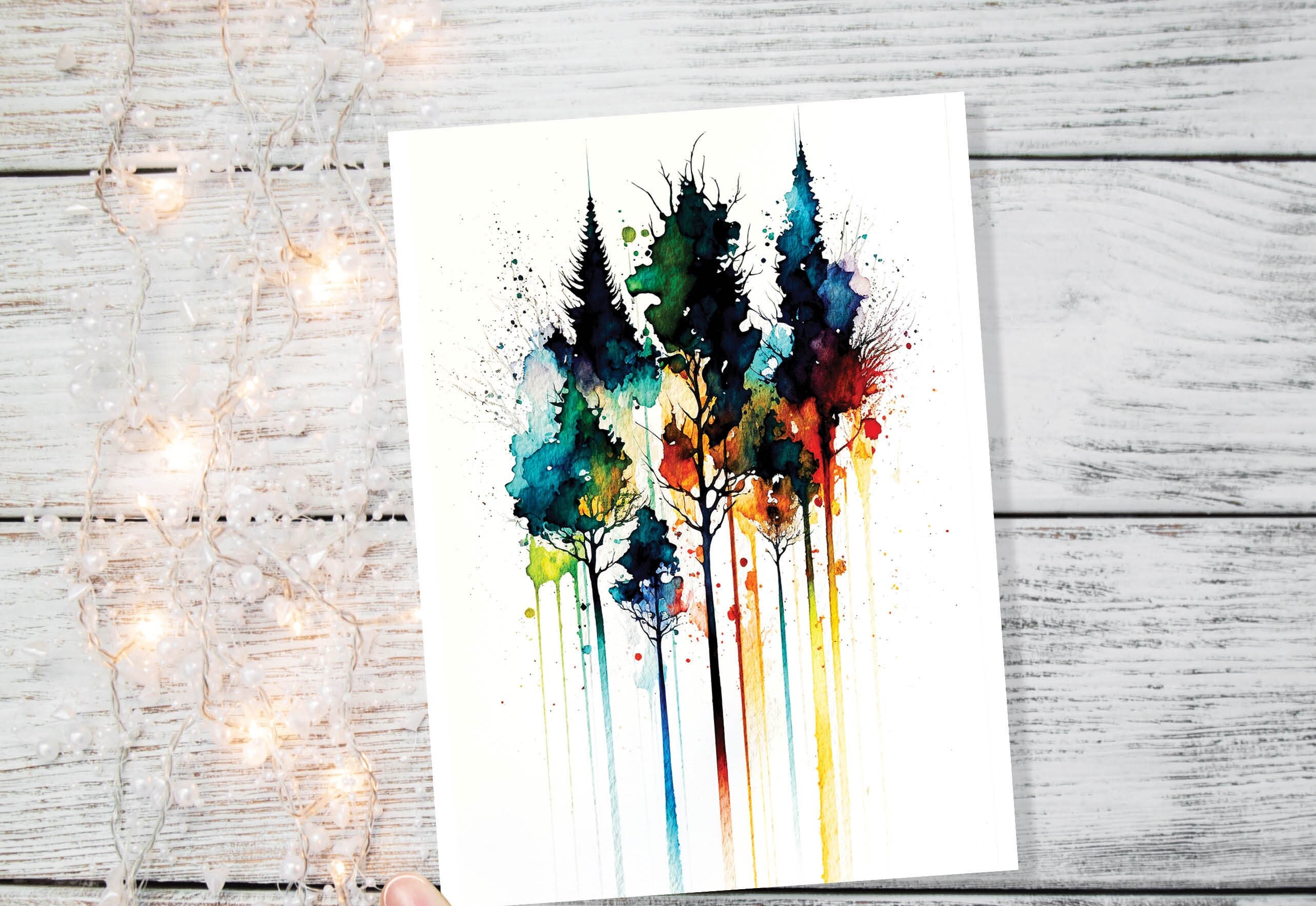 Watercolour Abstract Tree Card Colourful Art Pine Trees Painting Forest Trees Nature Lovers Greeting Cards Any Occasion Thank You BFF