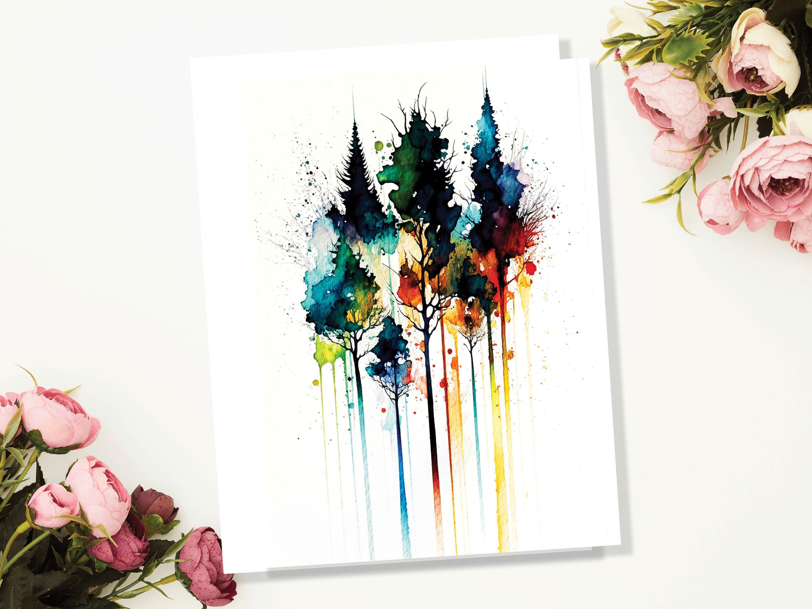 Watercolour Abstract Tree Card Colourful Art Pine Trees Painting Forest Trees Nature Lovers Greeting Cards Any Occasion Thank You BFF - View 4