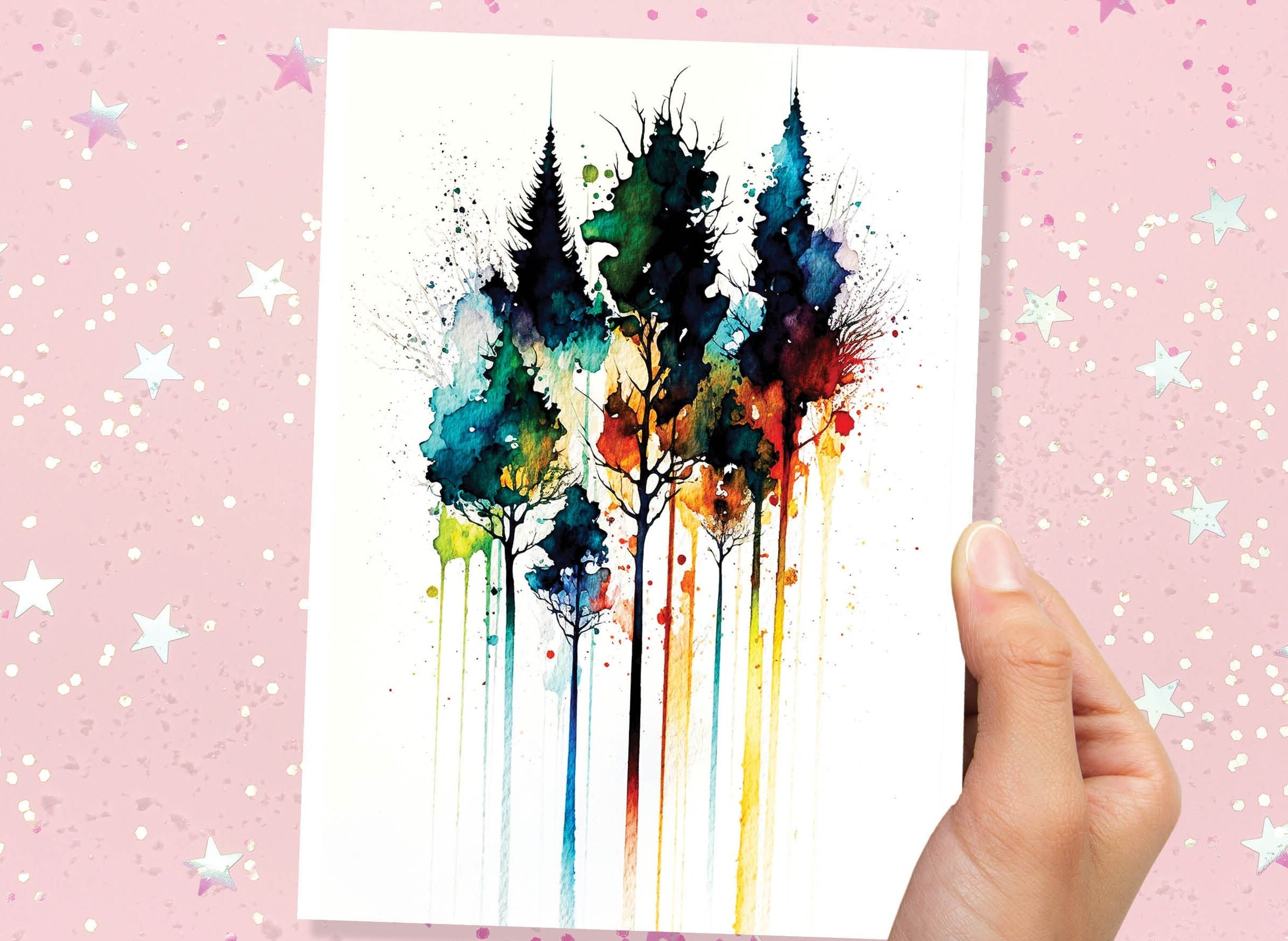 Watercolour Abstract Tree Card Colourful Art Pine Trees Painting Forest Trees Nature Lovers Greeting Cards Any Occasion Thank You BFF - View 5