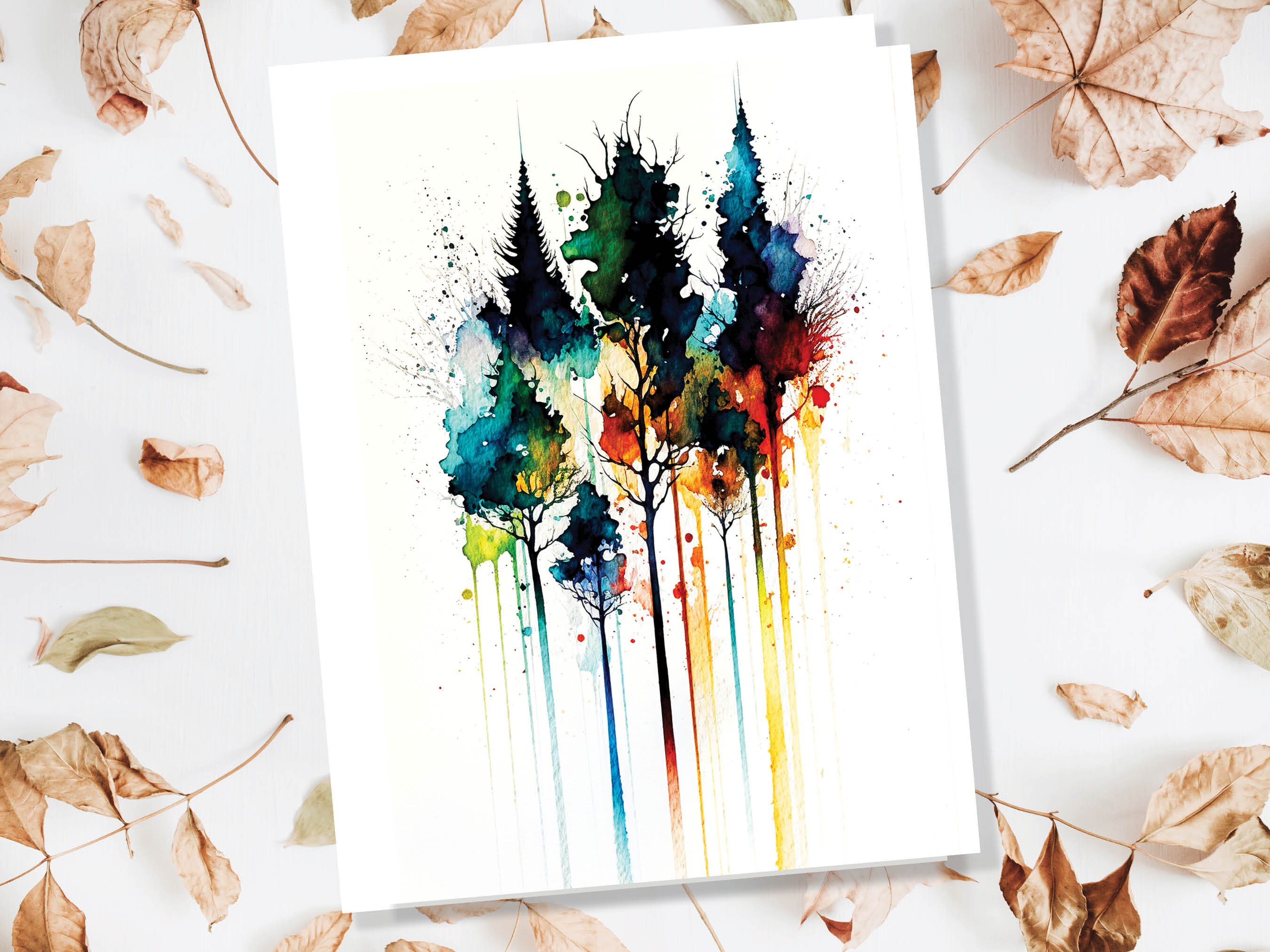 Watercolour Abstract Tree Card Colourful Art Pine Trees Painting Forest Trees Nature Lovers Greeting Cards Any Occasion Thank You BFF - View 7