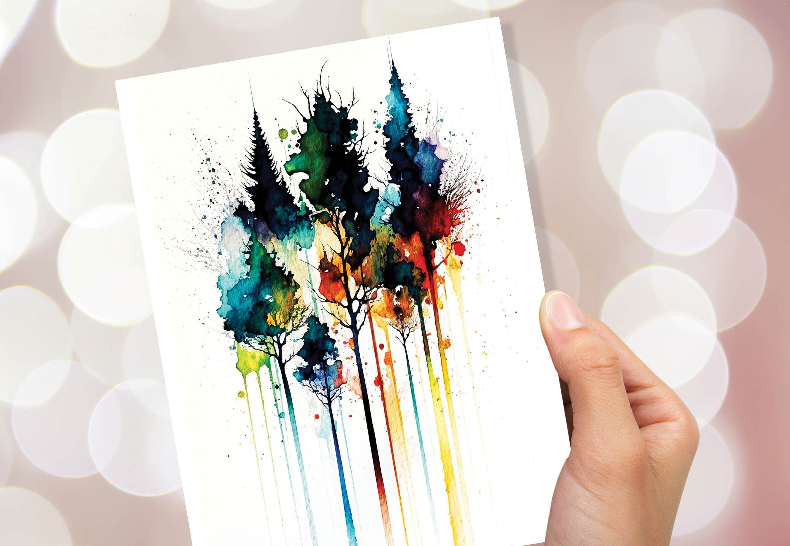 Watercolour Abstract Tree Card Colourful Art Pine Trees Painting Forest Trees Nature Lovers Greeting Cards Any Occasion Thank You BFF - View 8