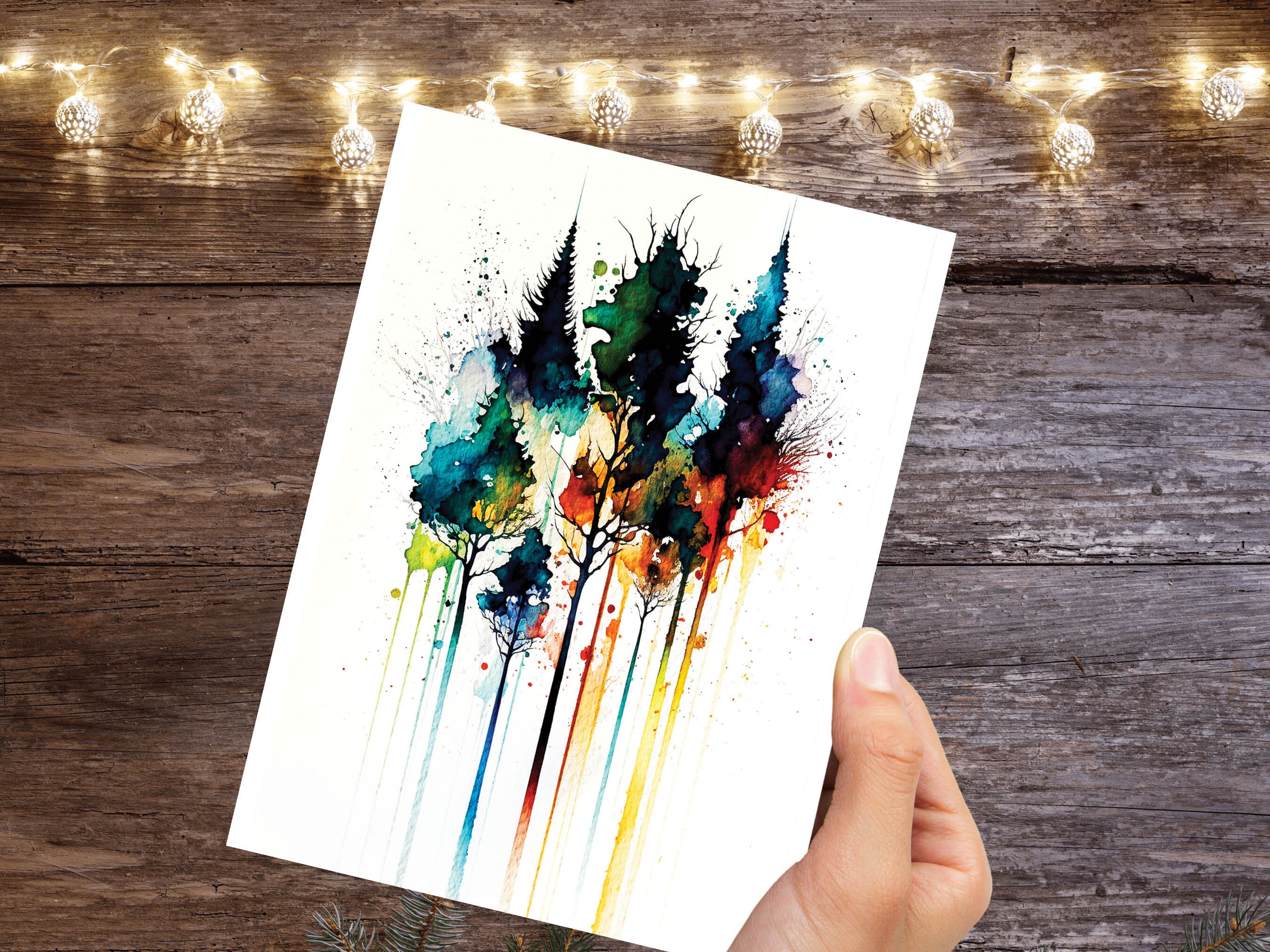 Watercolour Abstract Tree Card Colourful Art Pine Trees Painting Forest Trees Nature Lovers Greeting Cards Any Occasion Thank You BFF - View 9