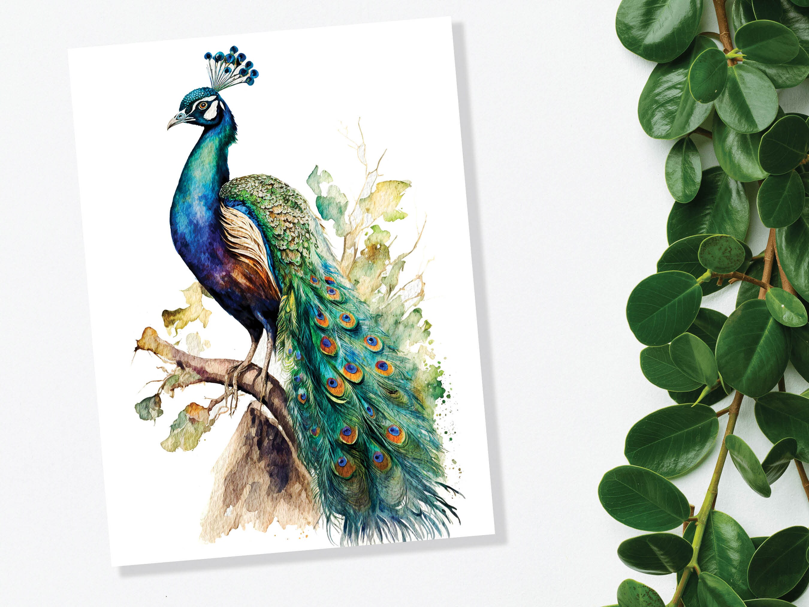 Peacock Card Exotic Bird Birthday Note Cards Vintage Watercolour Art Painting Peafowl Feathers Wedding Illustration Greetings Thank You Boho - View 10