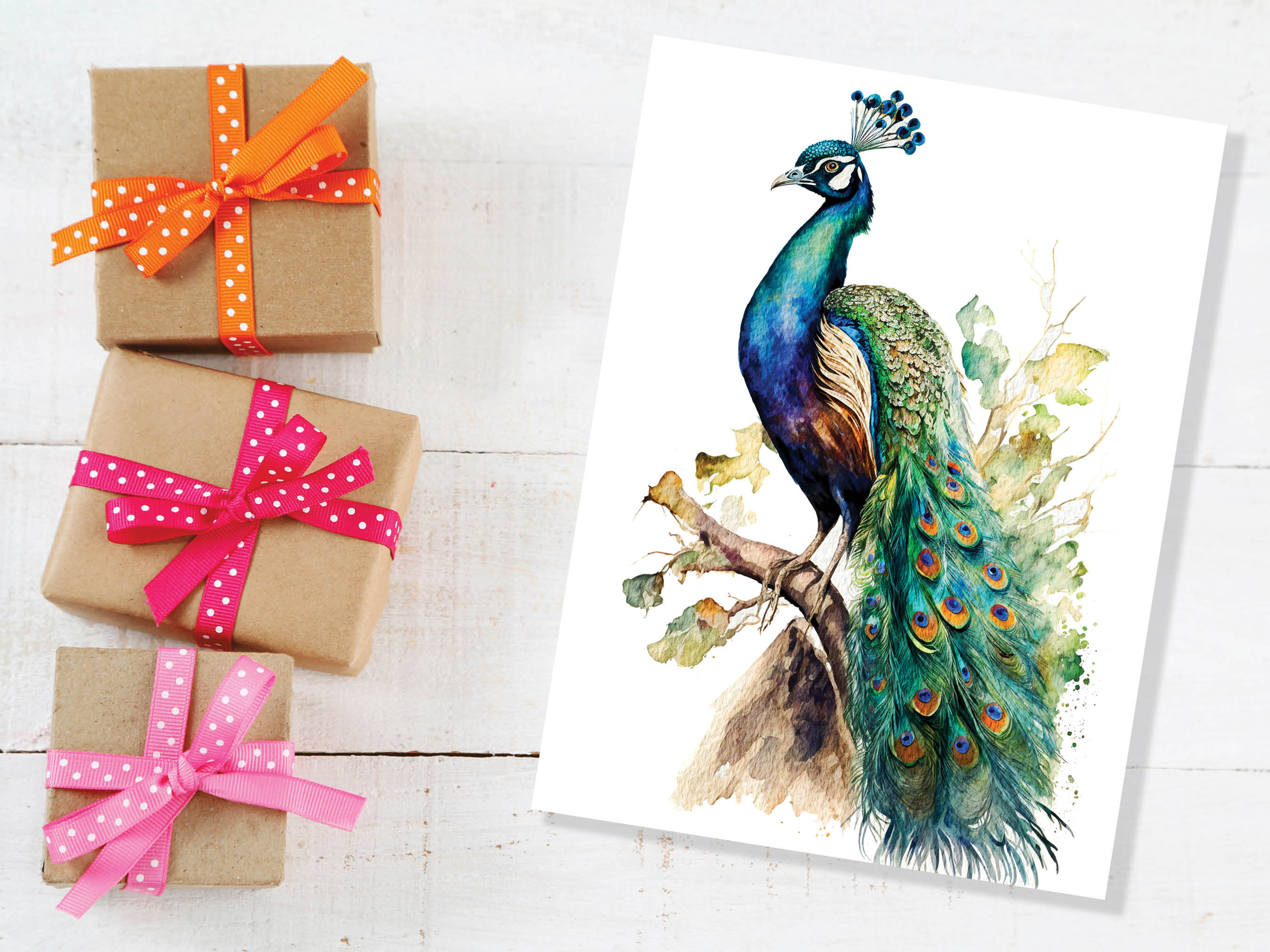 Peacock Card Exotic Bird Birthday Note Cards Vintage Watercolour Art Painting Peafowl Feathers Wedding Illustration Greetings Thank You Boho