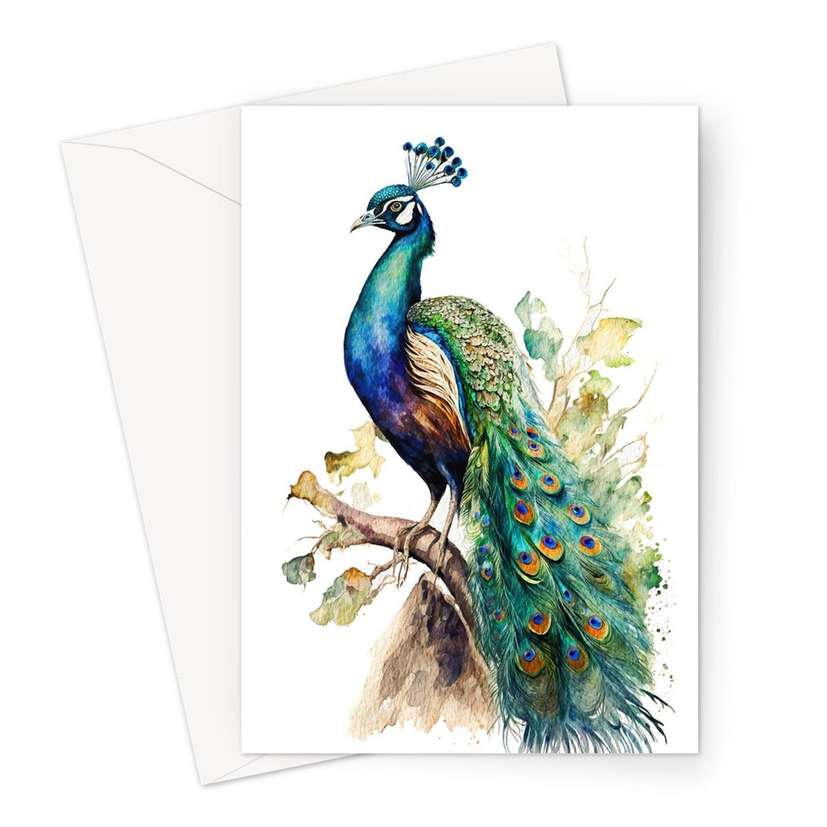 Peacock Card Exotic Bird Birthday Note Cards Vintage Watercolour Art Painting Peafowl Feathers Wedding Illustration Greetings Thank You Boho - View 2