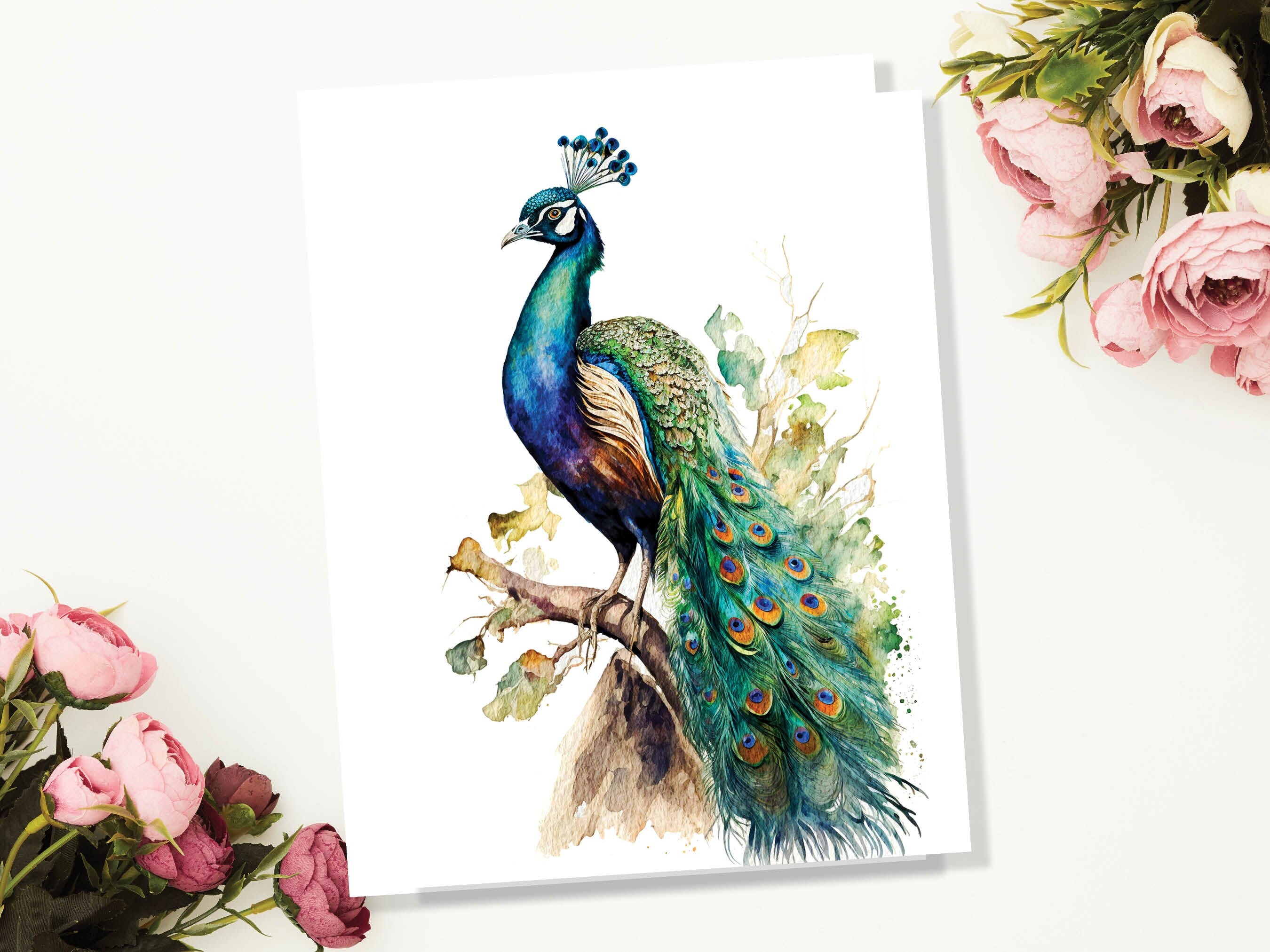 Peacock Card Exotic Bird Birthday Note Cards Vintage Watercolour Art Painting Peafowl Feathers Wedding Illustration Greetings Thank You Boho - View 4