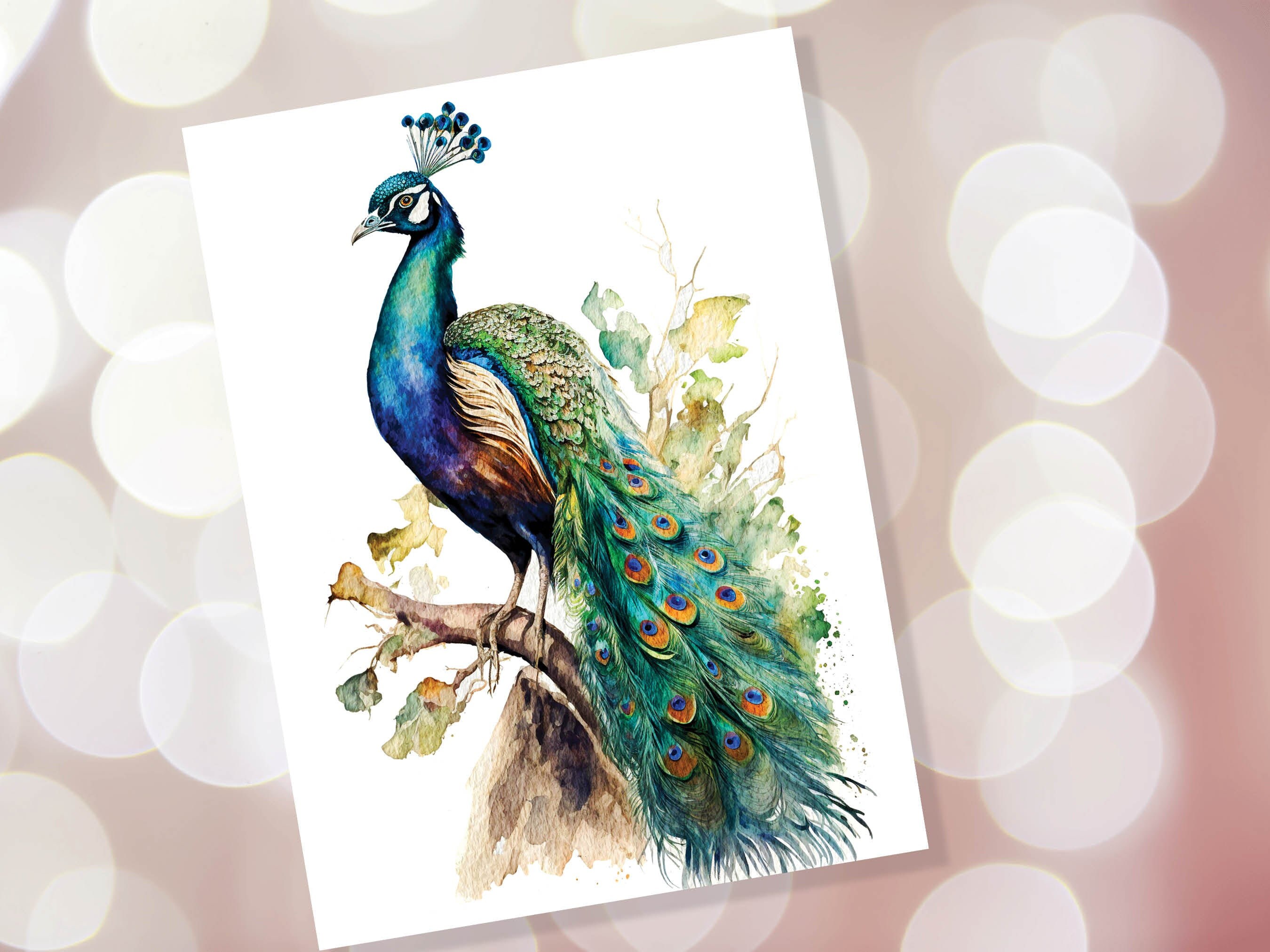 Peacock Card Exotic Bird Birthday Note Cards Vintage Watercolour Art Painting Peafowl Feathers Wedding Illustration Greetings Thank You Boho - View 8