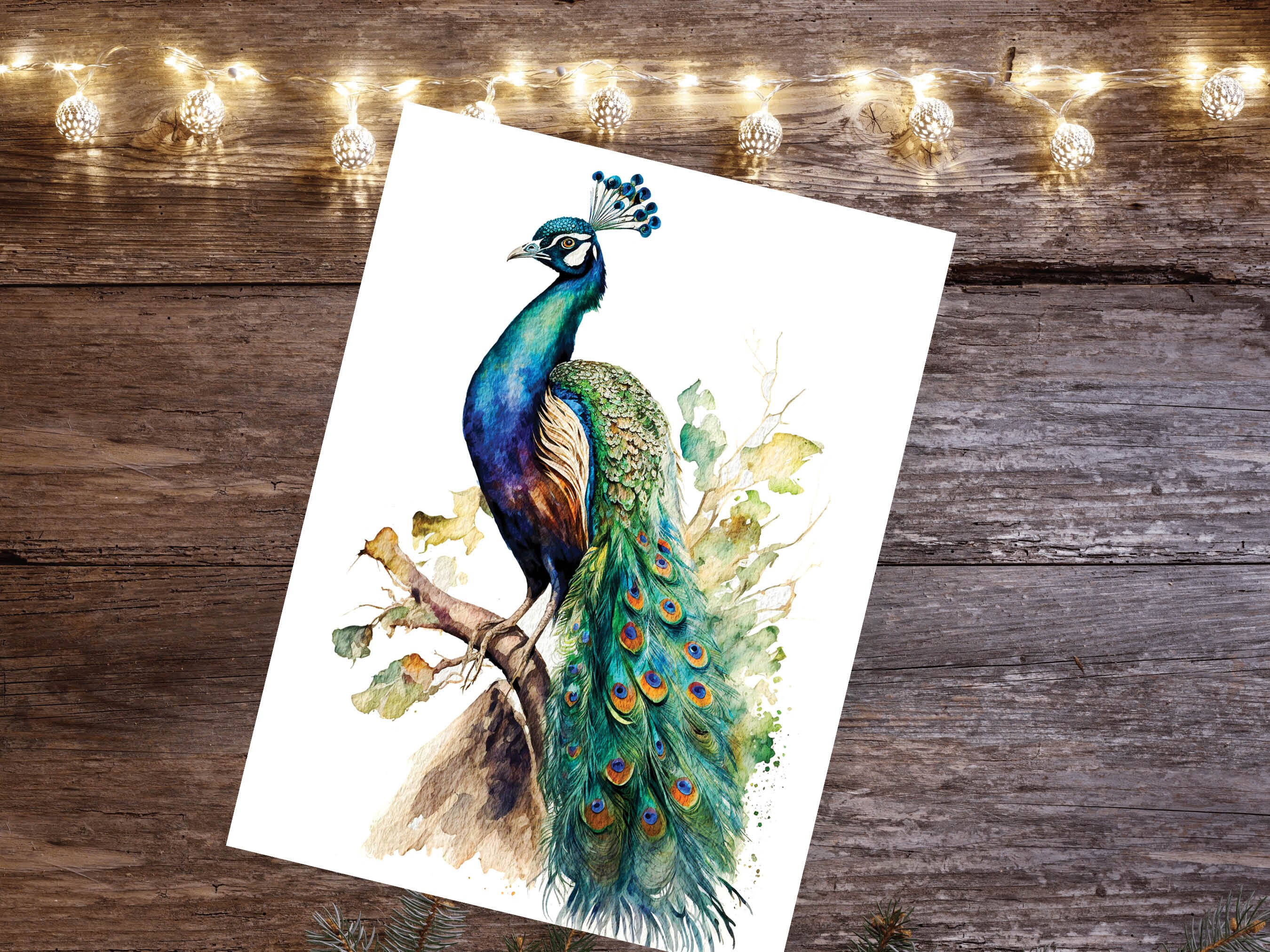 Peacock Card Exotic Bird Birthday Note Cards Vintage Watercolour Art Painting Peafowl Feathers Wedding Illustration Greetings Thank You Boho - View 9