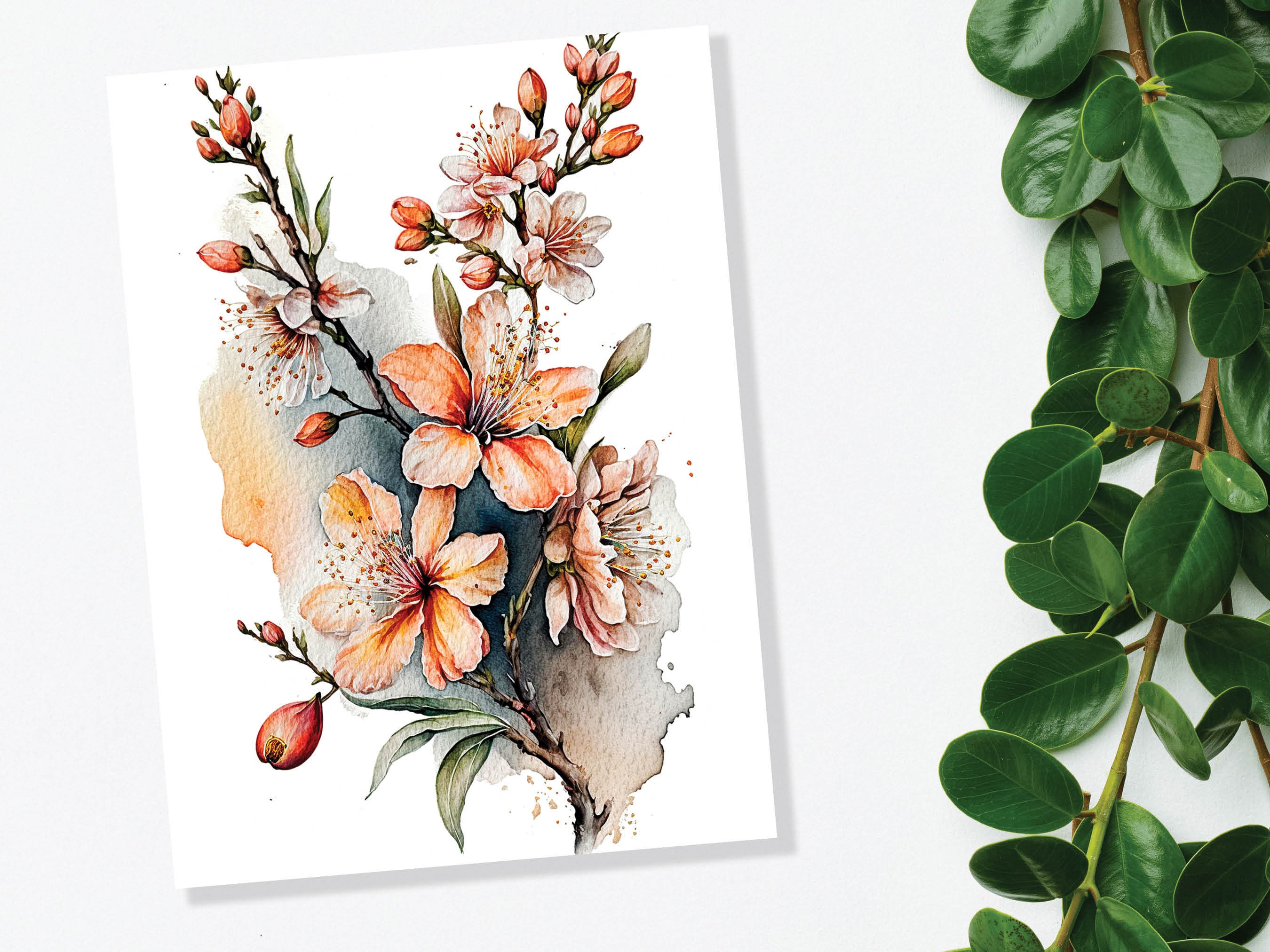 Peach Flowers Card Blush Floral Thank you Greeting Cards Sakura Cherry Blossoms Watercolour Botanical Note Cards Notelets Elegant Spring - View 10