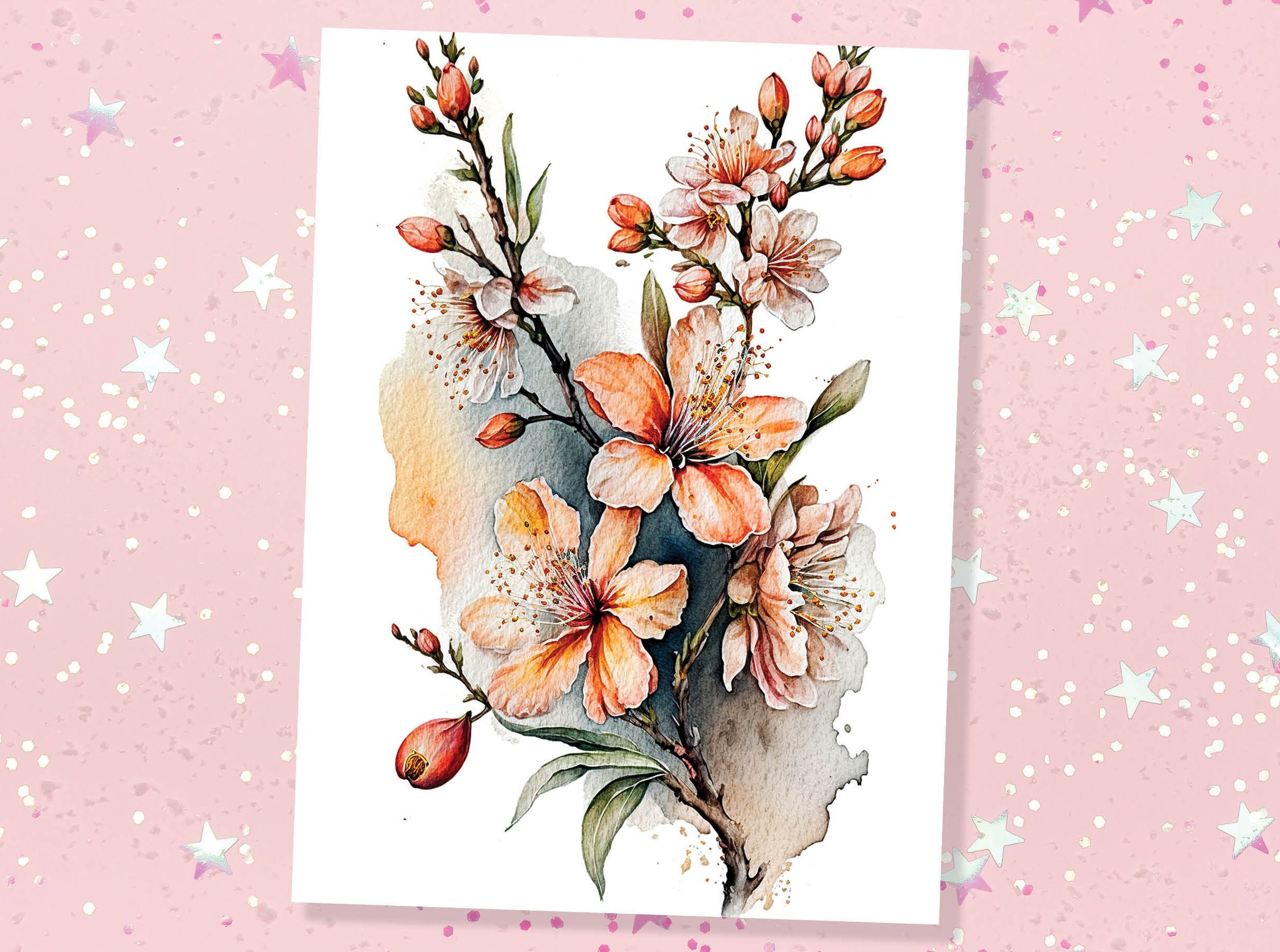 Peach Flowers Card Blush Floral Thank you Greeting Cards Sakura Cherry Blossoms Watercolour Botanical Note Cards Notelets Elegant Spring