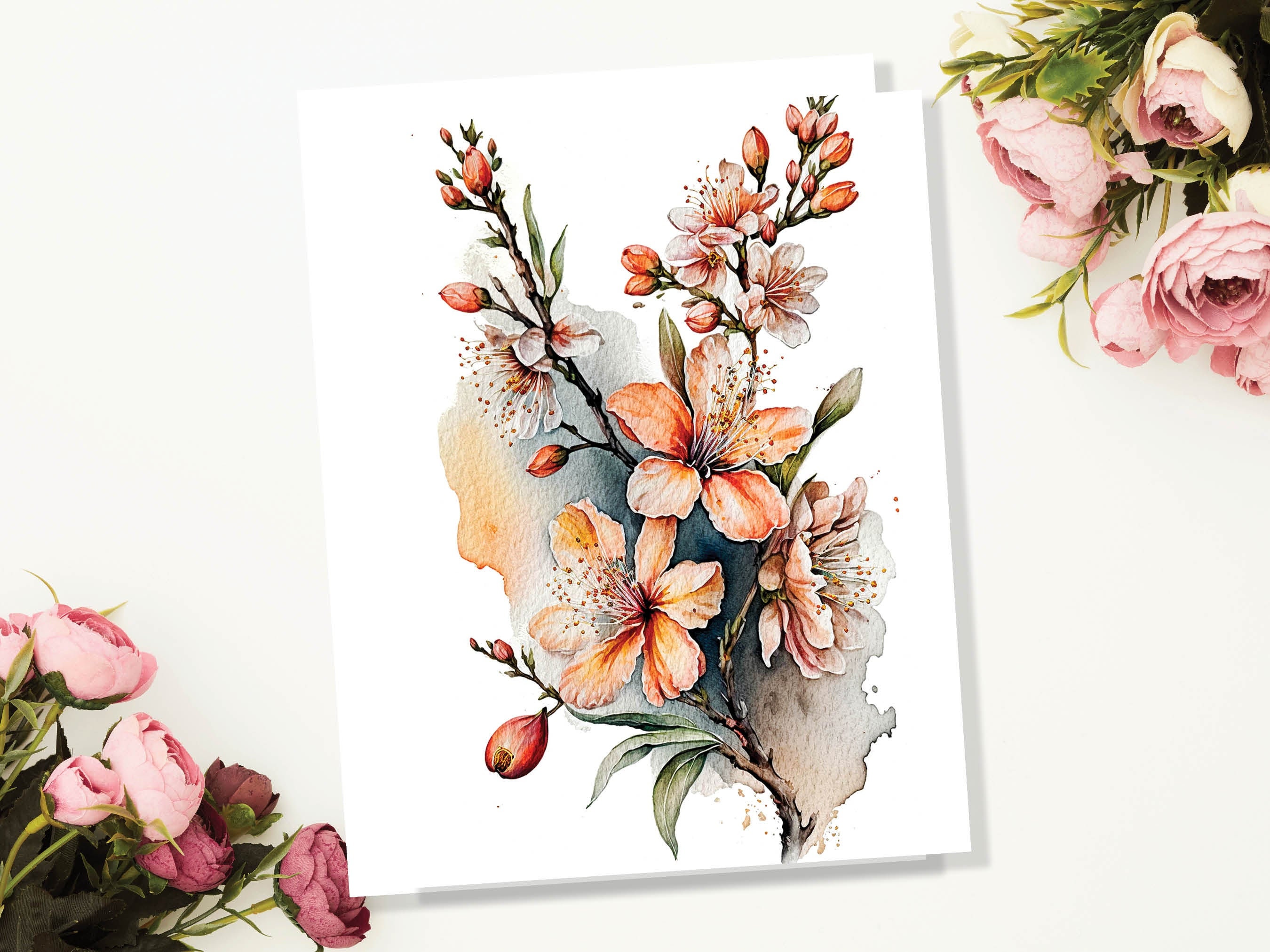 Peach Flowers Card Blush Floral Thank you Greeting Cards Sakura Cherry Blossoms Watercolour Botanical Note Cards Notelets Elegant Spring - View 4