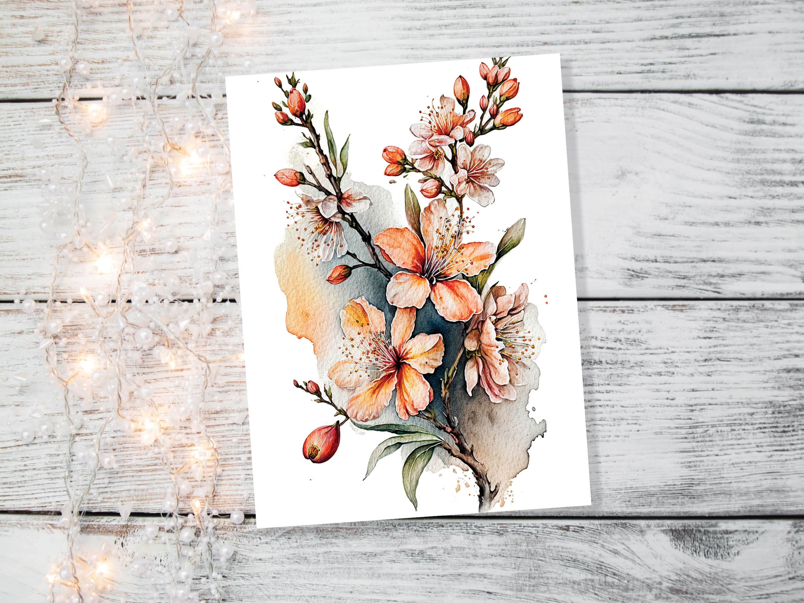 Peach Flowers Card Blush Floral Thank you Greeting Cards Sakura Cherry Blossoms Watercolour Botanical Note Cards Notelets Elegant Spring - View 5