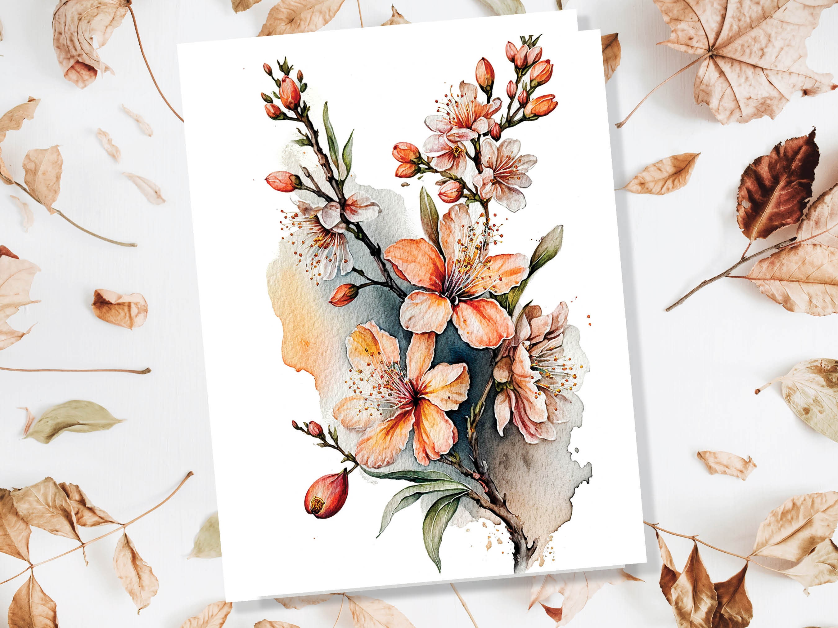 Peach Flowers Card Blush Floral Thank you Greeting Cards Sakura Cherry Blossoms Watercolour Botanical Note Cards Notelets Elegant Spring - View 7