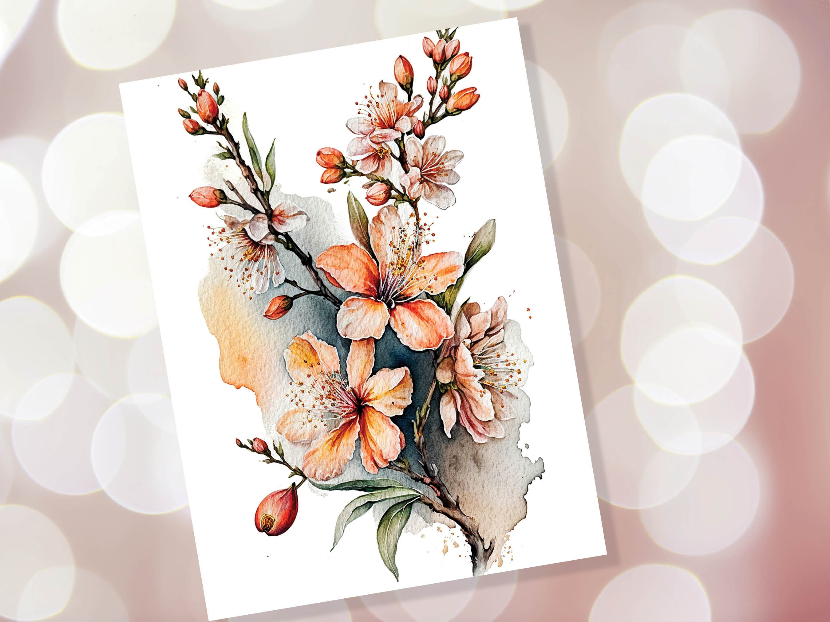 Peach Flowers Card Blush Floral Thank you Greeting Cards Sakura Cherry Blossoms Watercolour Botanical Note Cards Notelets Elegant Spring - View 8