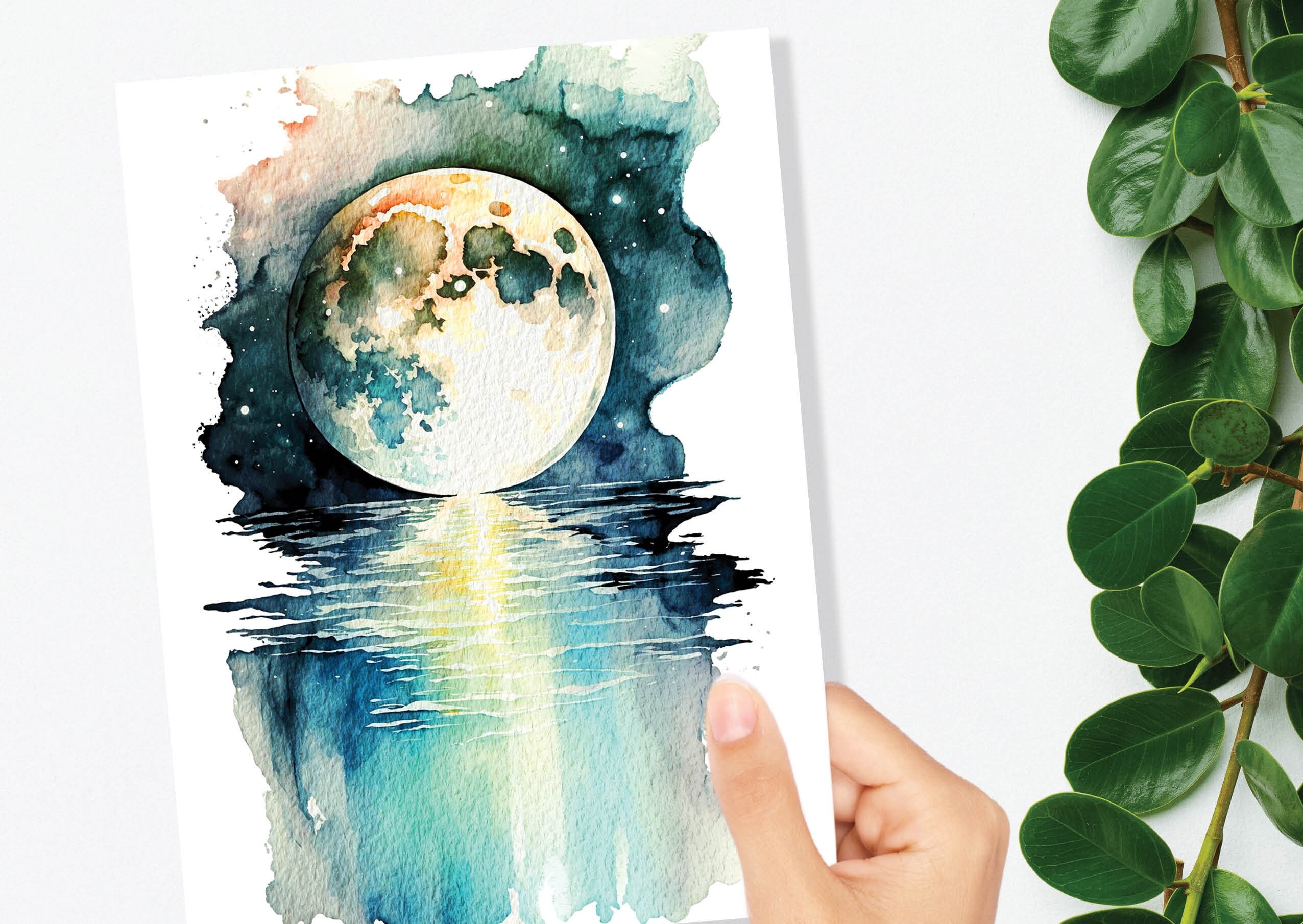 Moon Over Water Card Full Moon Rise Lunar Moonrise Stars Rising Lake Ocean River Sea Celestial Astrology Witchy Watercolour Birthday Cards - View 10