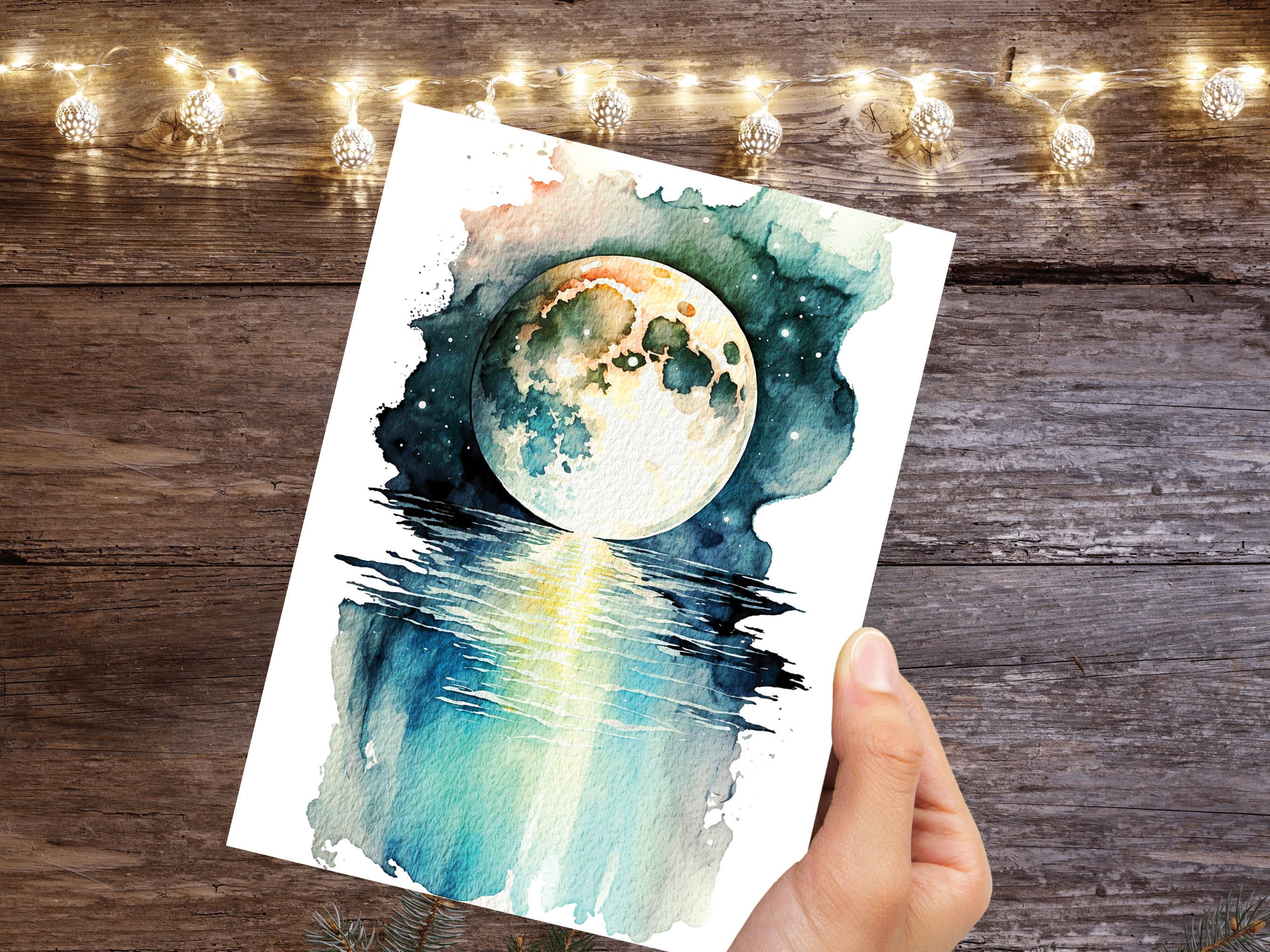 Moon Over Water Card Full Moon Rise Lunar Moonrise Stars Rising Lake Ocean River Sea Celestial Astrology Witchy Watercolour Birthday Cards